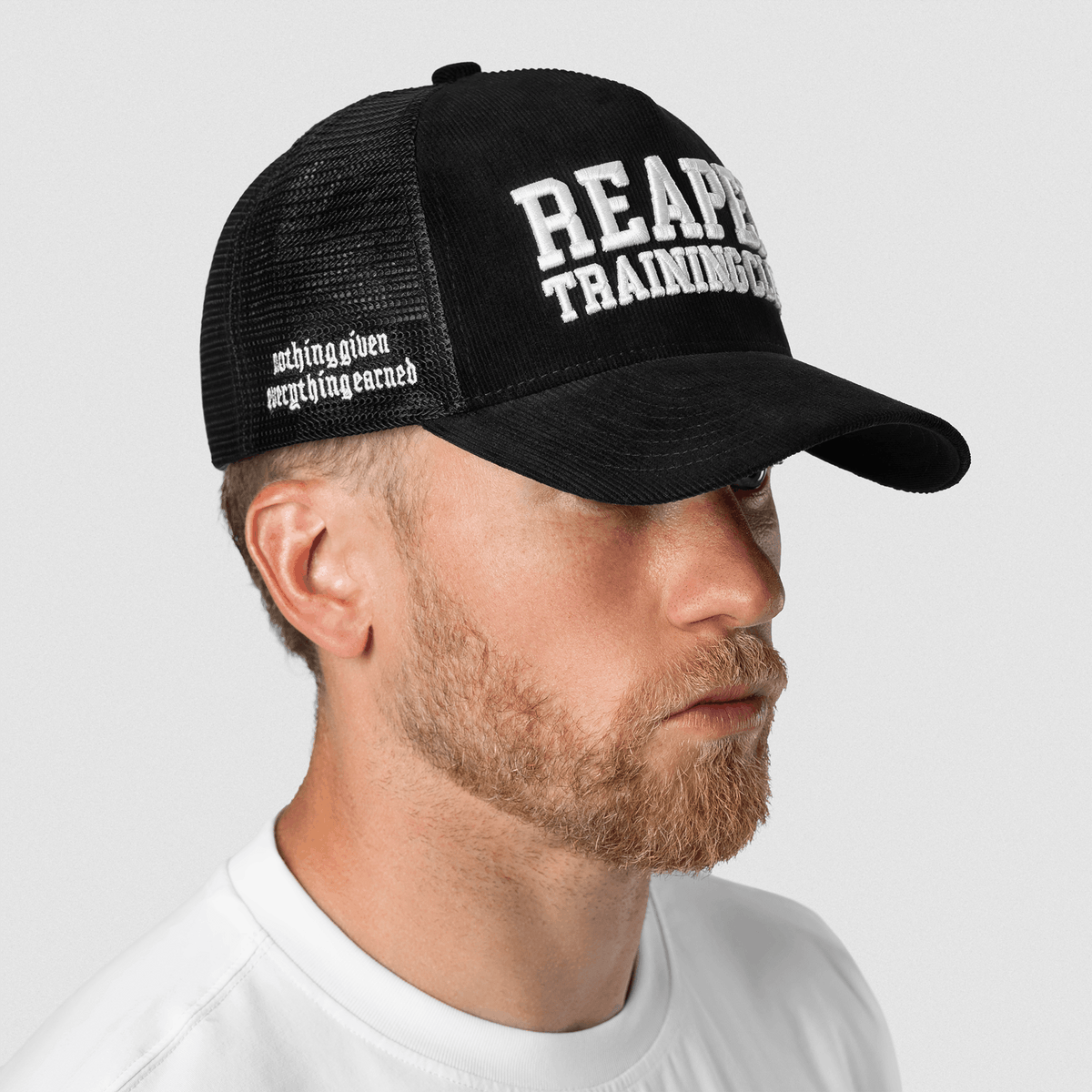 5-Panel Corduroy Reaper Training Club Hat in Black/White – On Model, Side View