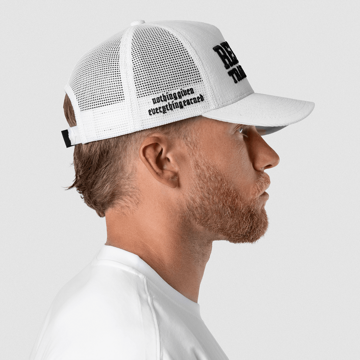 5-Panel Corduroy Reaper Training Club Hat in White/Black – On Model, Side View