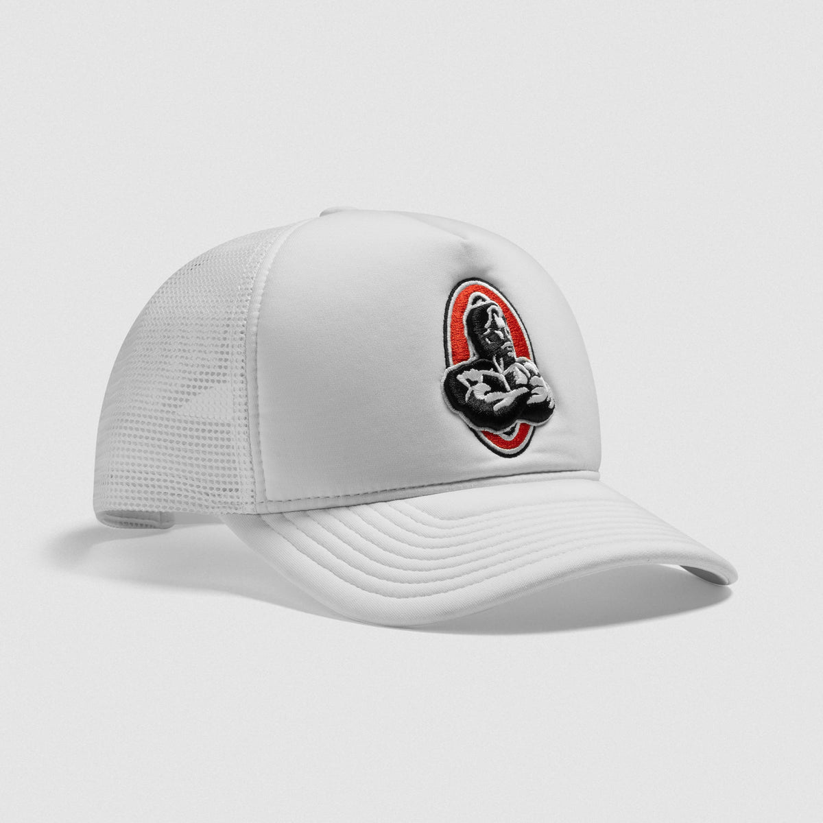 Front angled view of the white Signature Foam Trucker and the red and black classic Olympia bodybuilding logo and the mesh back