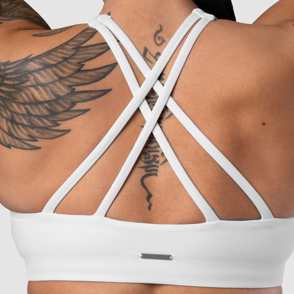 Axis High Neck Bra - White Gymreapers logo detail