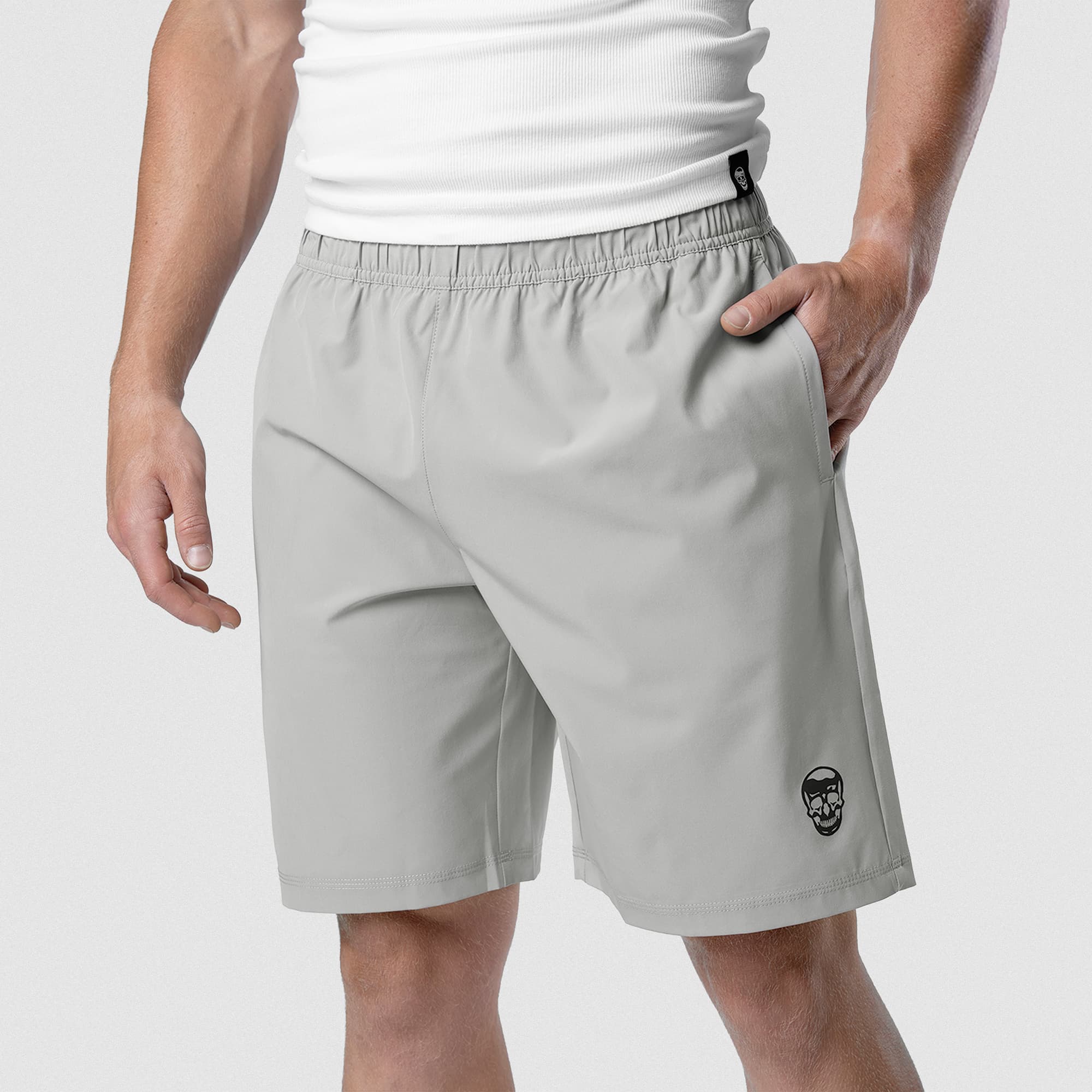 Front detail of Men's Conquer 9 Inch Shorts - Gray