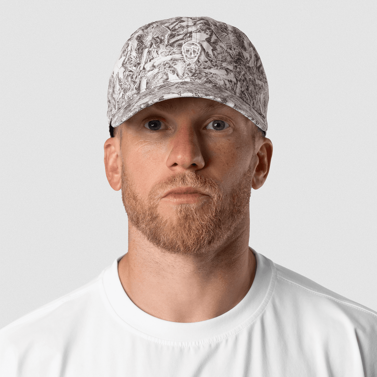 Washed 6-Panel Dad Hat in Camo – On Model, Front View