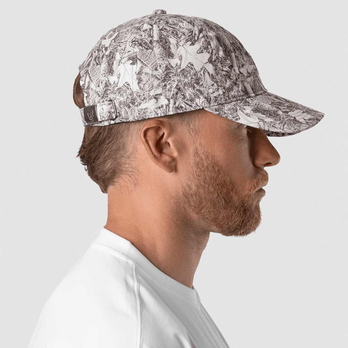 Washed 6-Panel Dad Hat in Camo – On Model, Side View