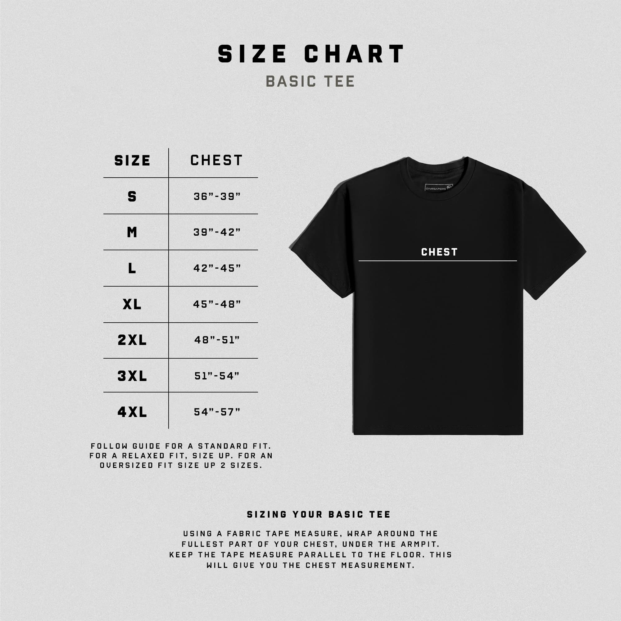 Basic tee size chart