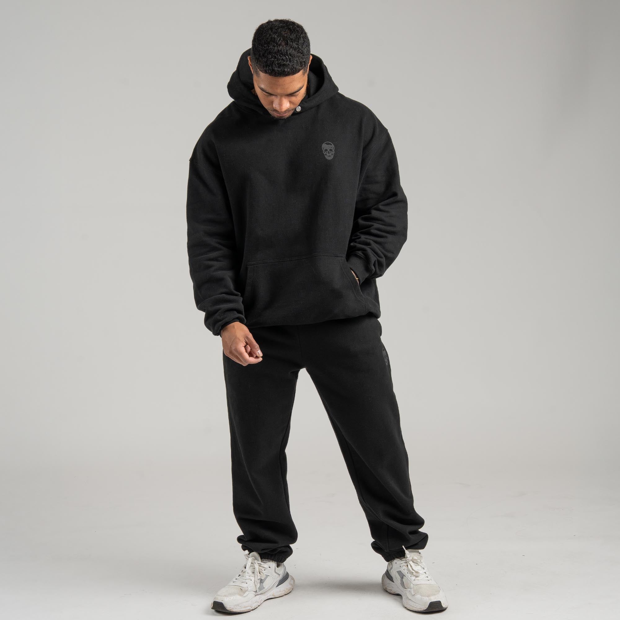 heavy weight joggers black black full front view lifestyle