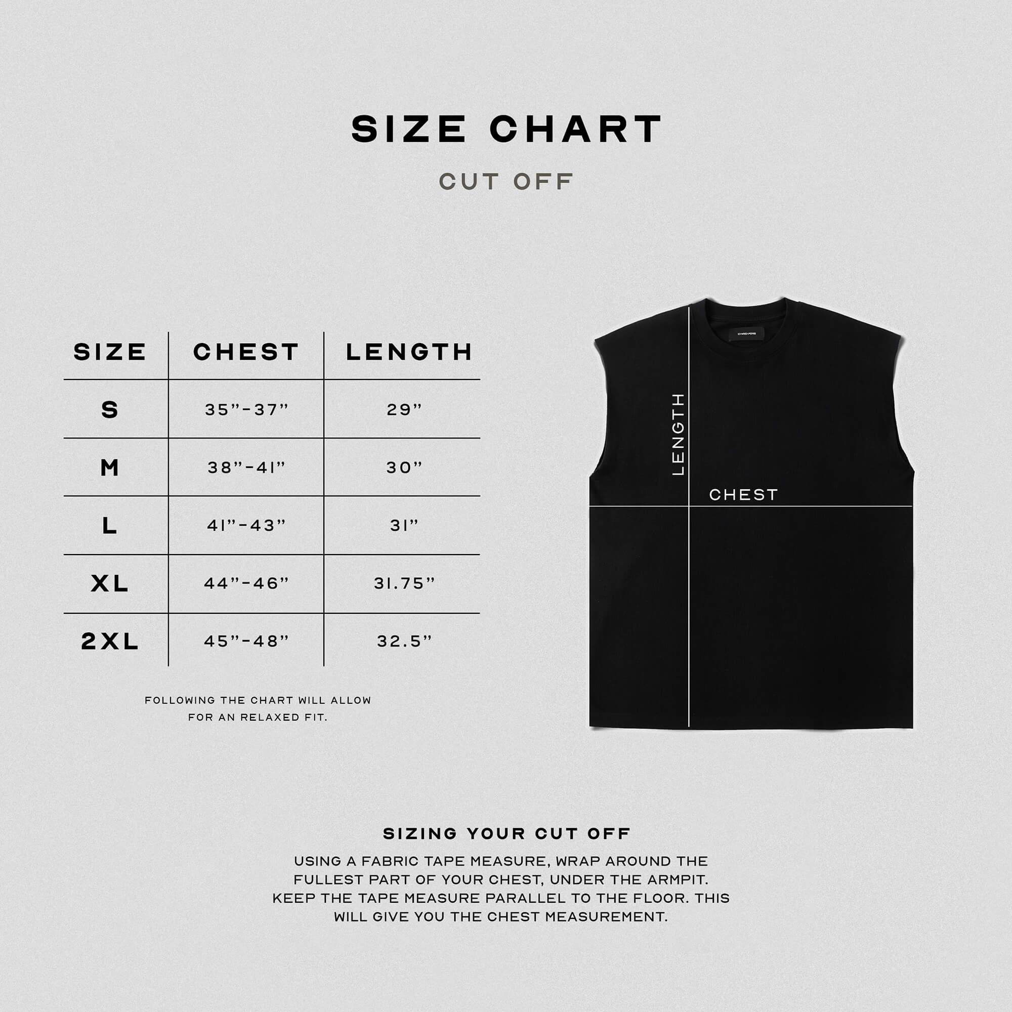 cut off size chart