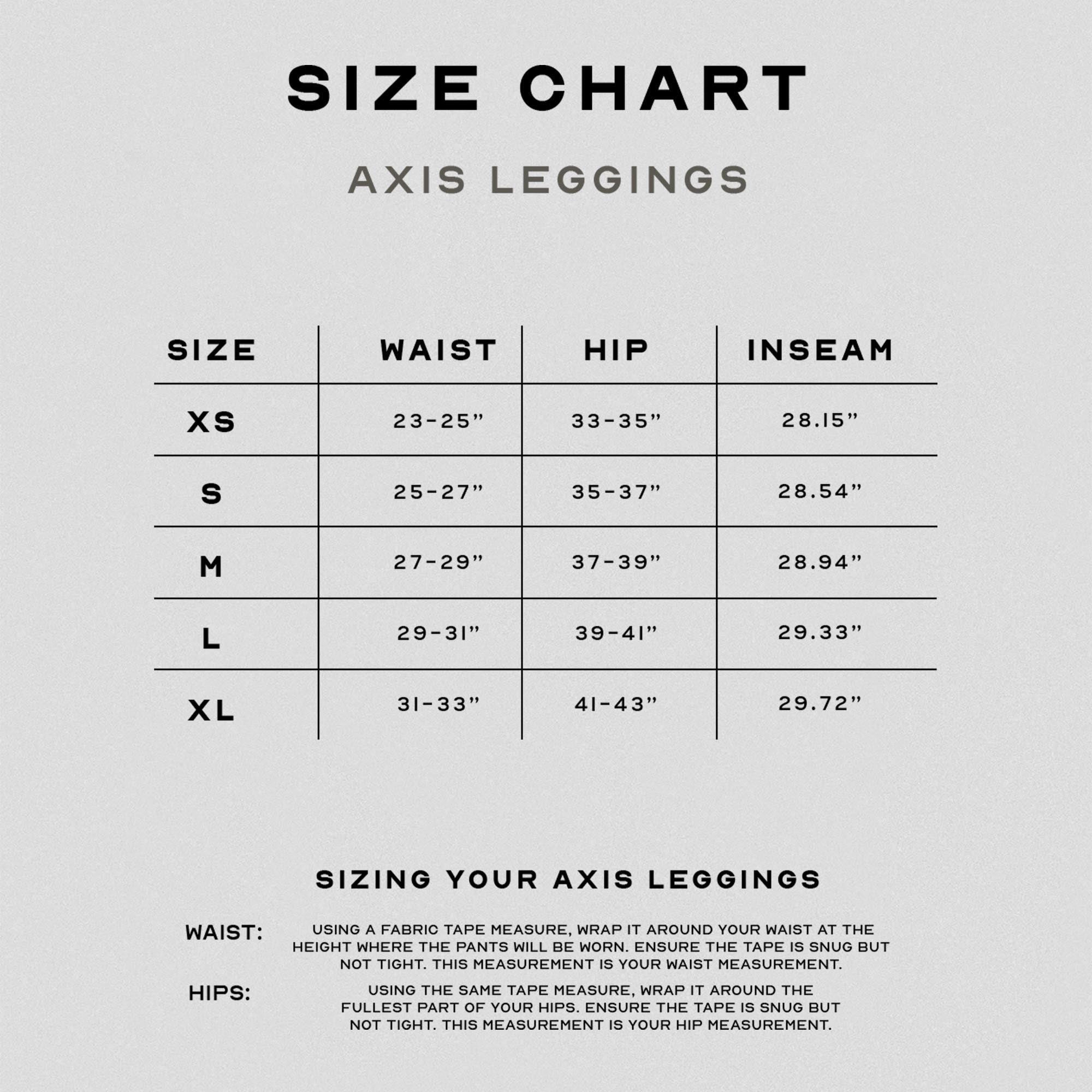 axis legging size chart