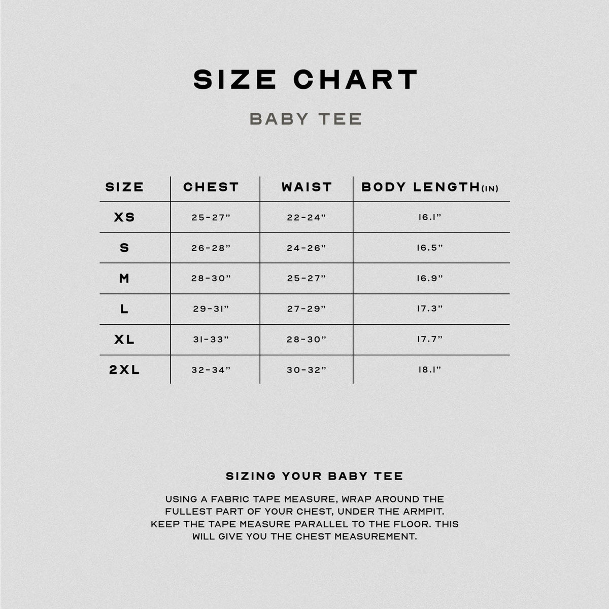 Axis Support Baby Tee size chart