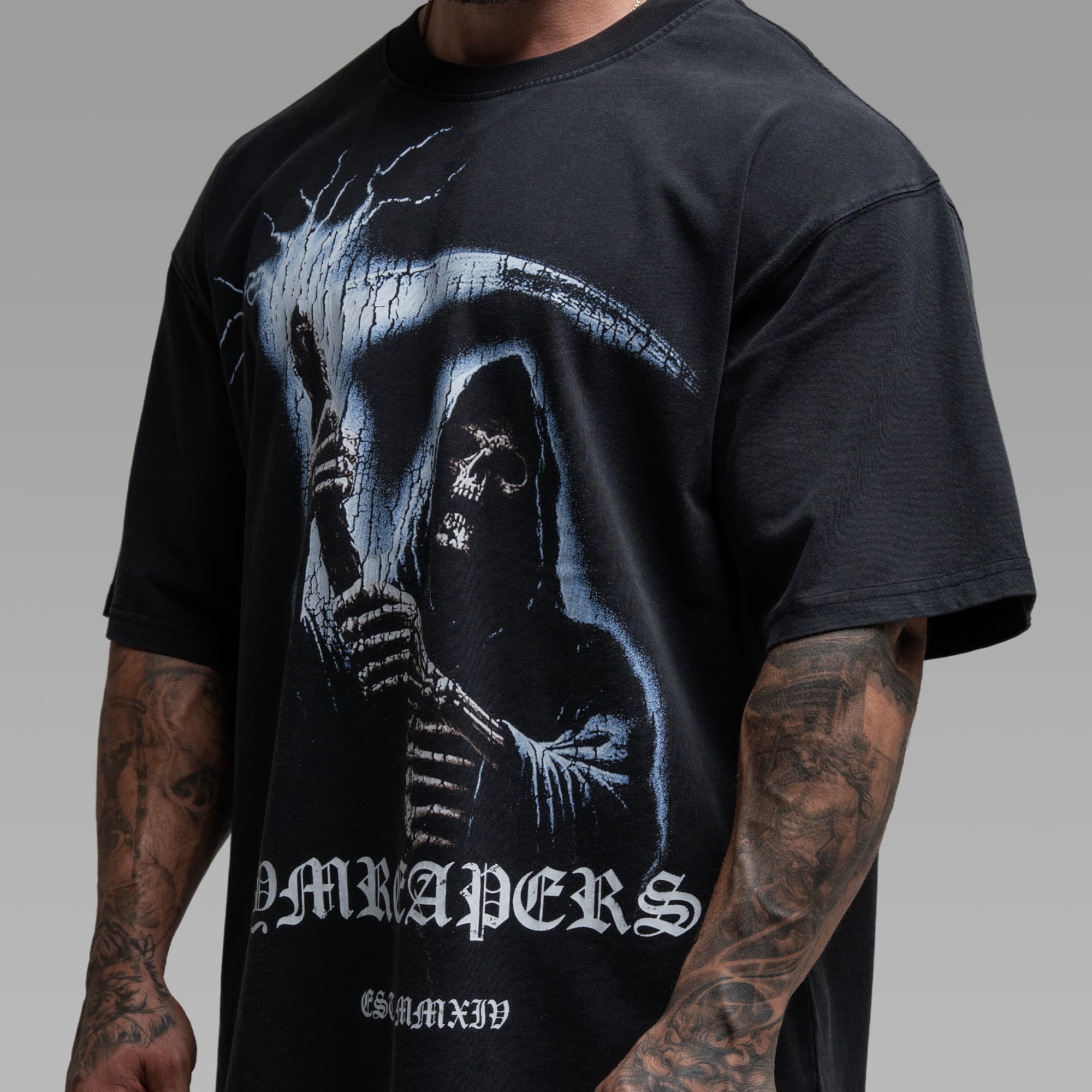 Athlete wearing Electric Reaper Tee half body shot side view