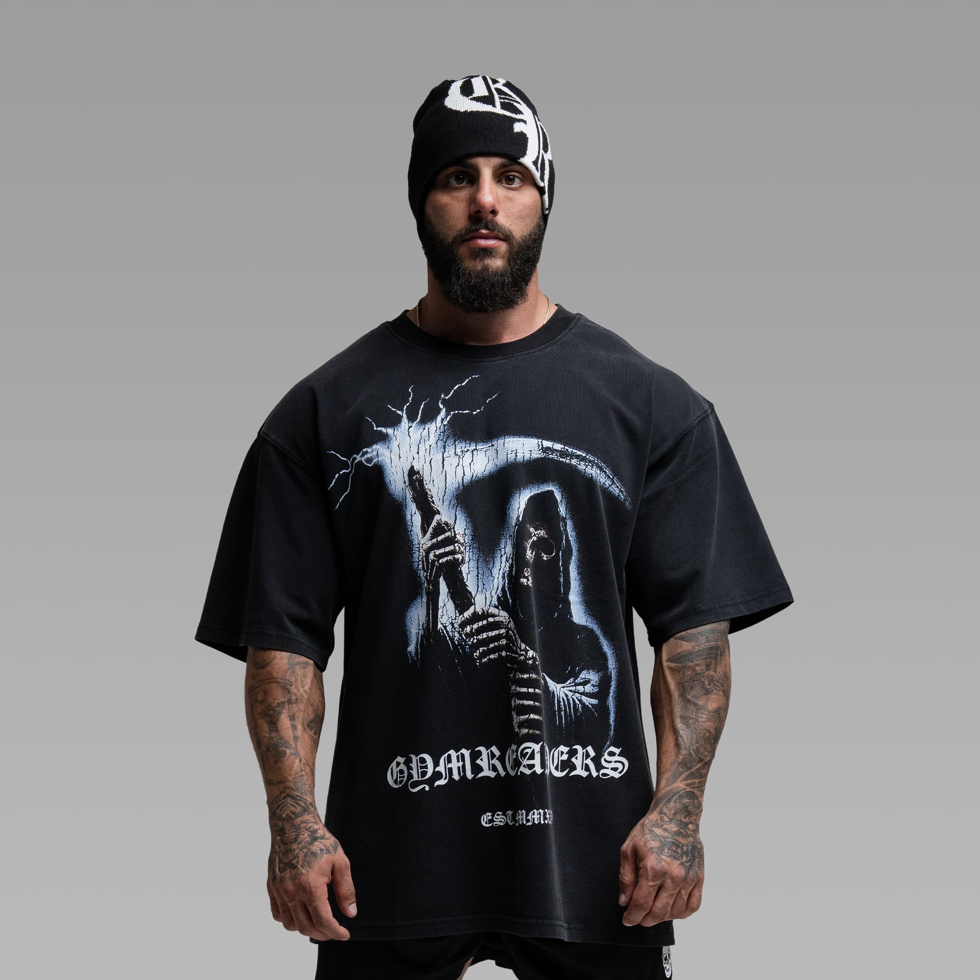 Athlete wearing Electric Reaper Tee half body shot front side