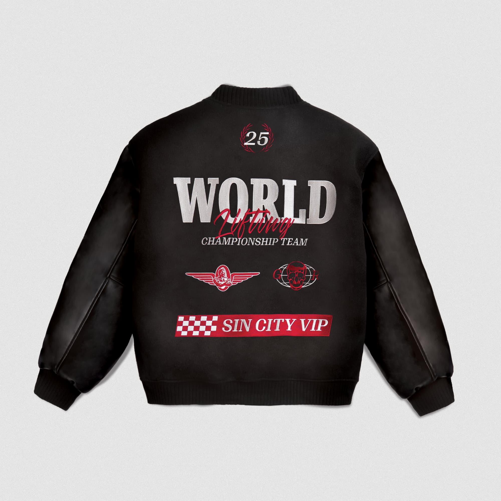 Back view of the GRxO Racing Team Varsity Jacket with “WORLD Lifting Championship Team” and “Sin City VIP” graphics.