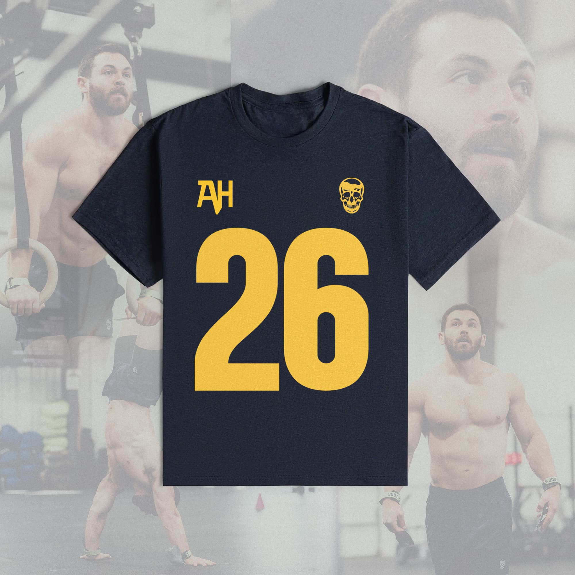 Navy Gymreapers Hatfield Tee featuring bold yellow "26" on the front with AH initials and skull graphic.