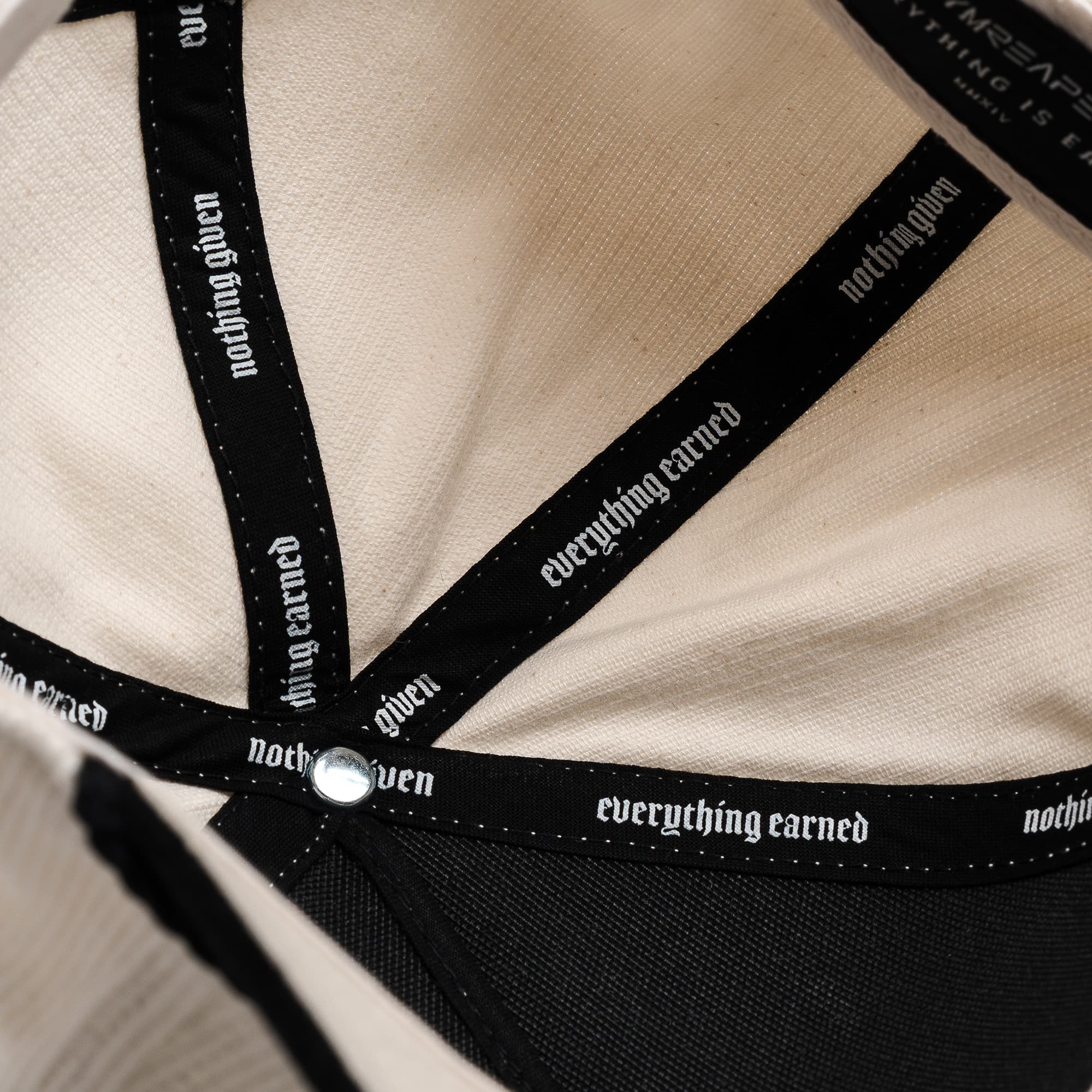 Corduroy 5-Panel Skull Hat - Cream/Black detail shot of inside of hat