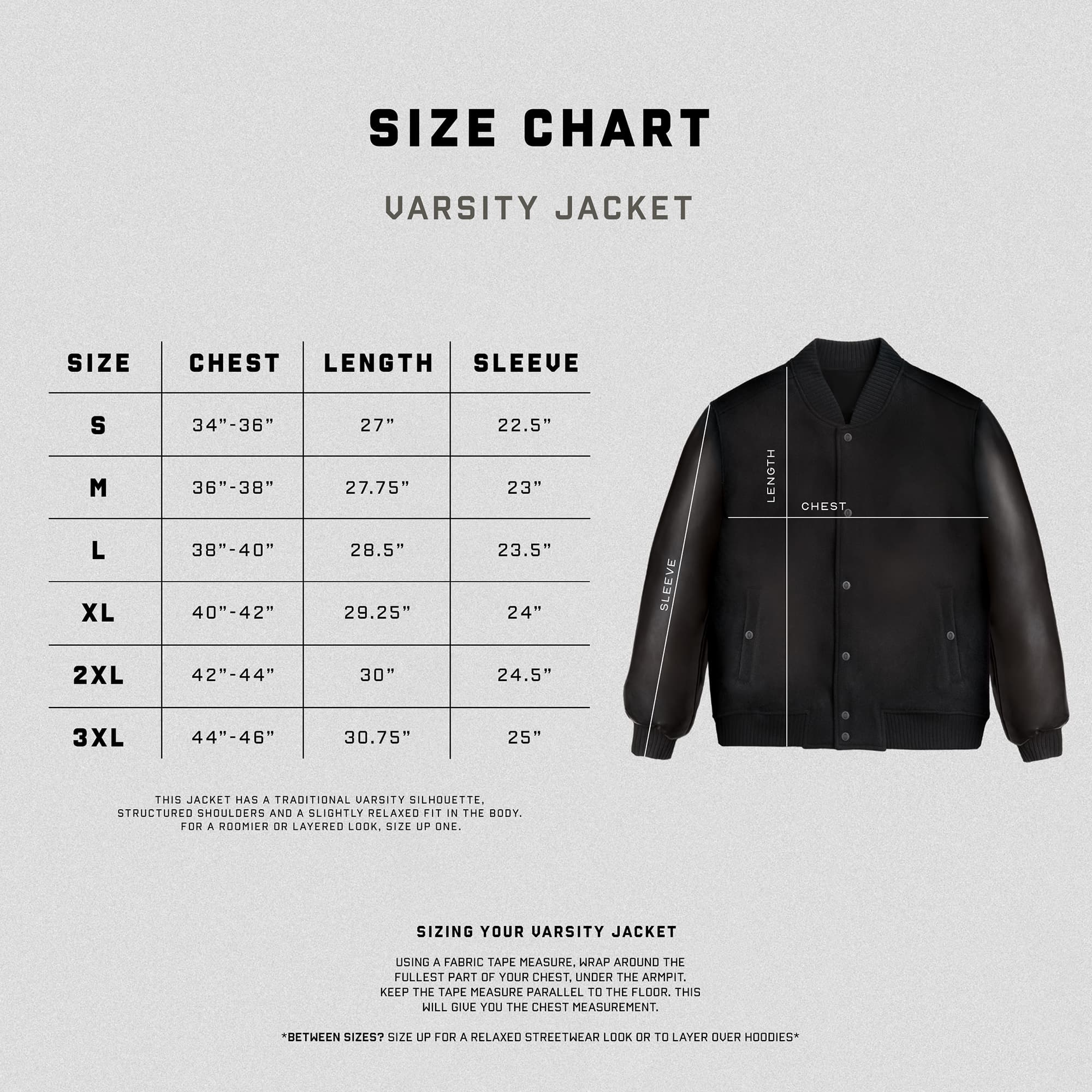 Varsity jacket size chart