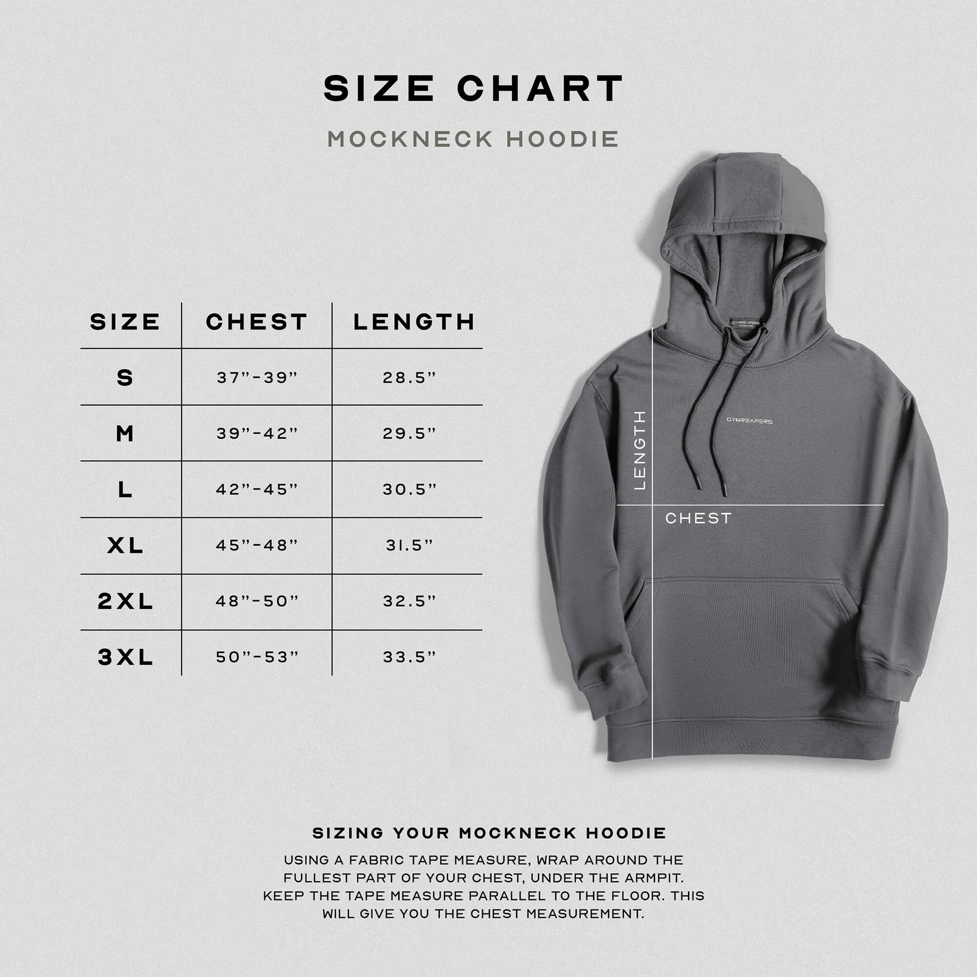 axis mockneck hoodie charcoal size guide