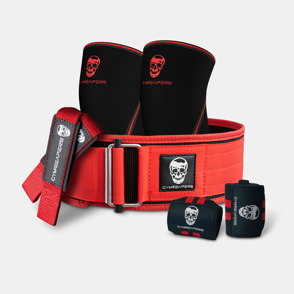 Gymreapers Strength Kit - 10MM Red  Wrist wrap, Knee sleeves, Lifting  straps