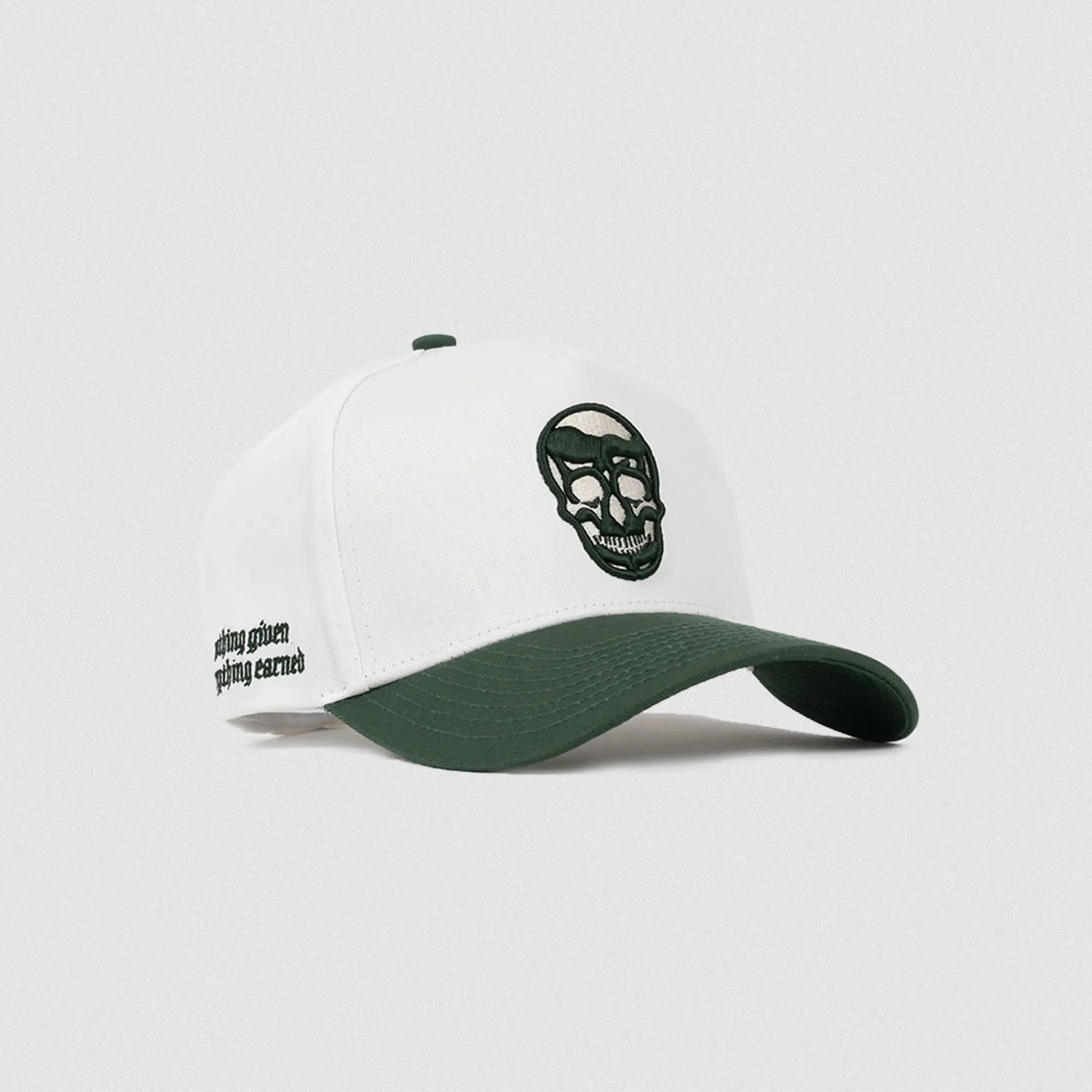 5 panel skull hat white green front