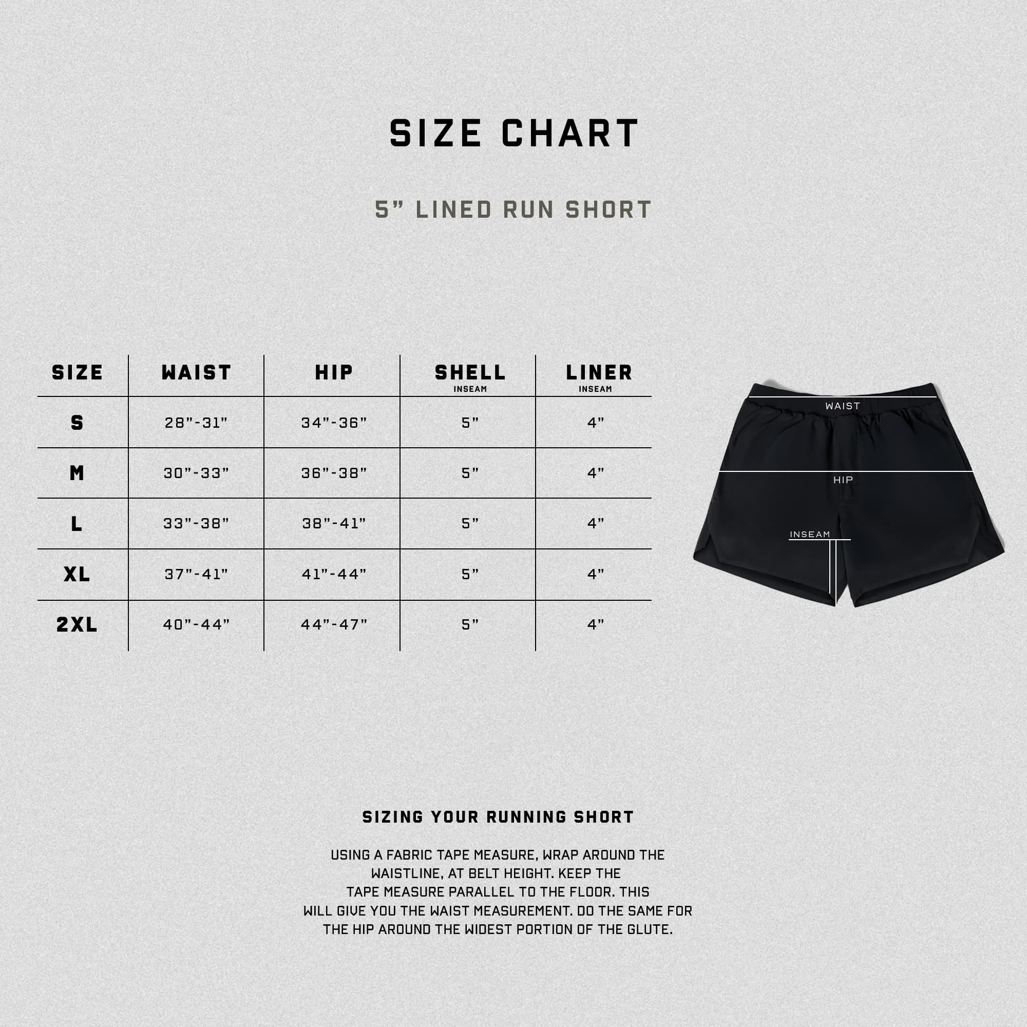 5" Lined Run Short Size Chart