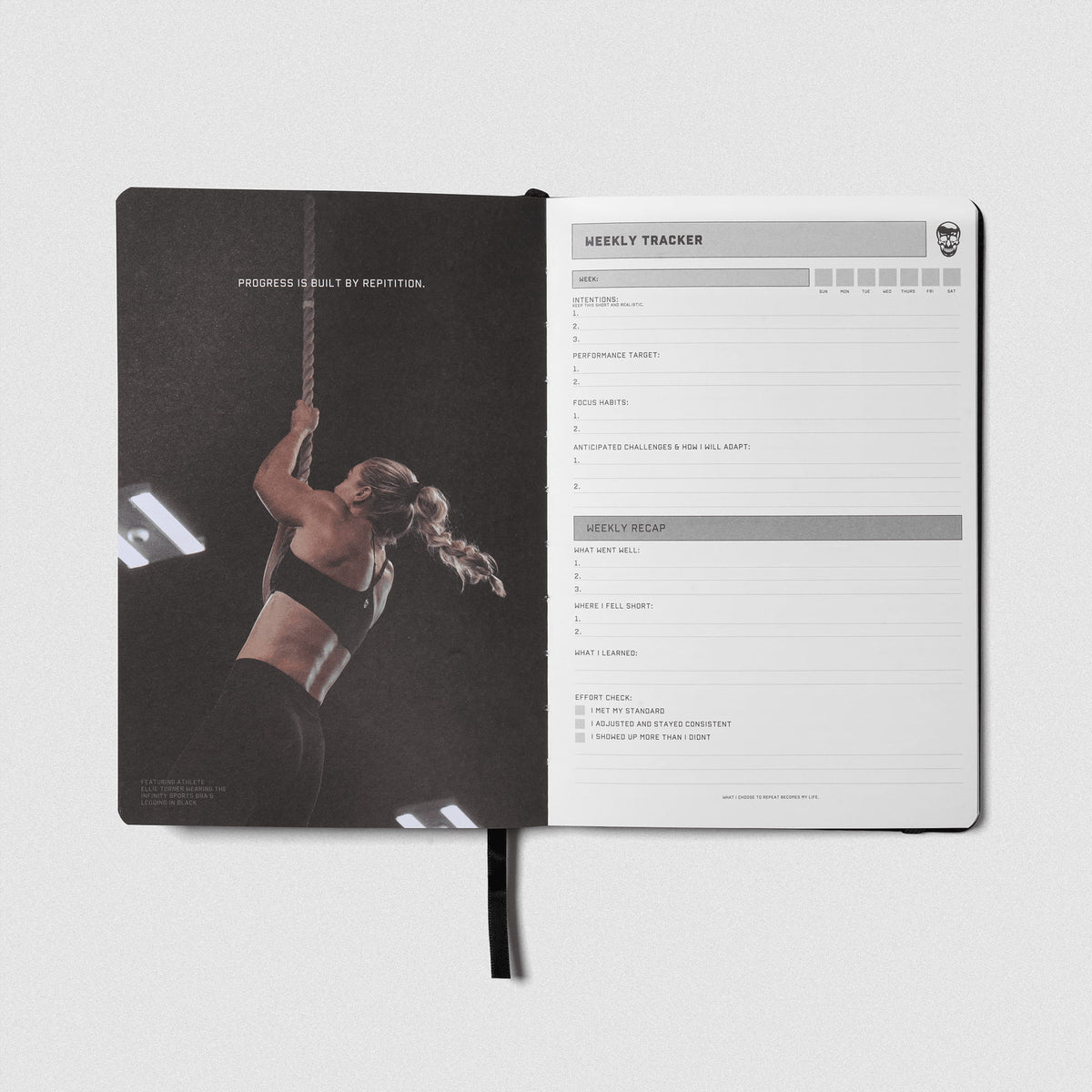 Women's Workout Journal in Black – Sample Motivational Page and Weekly Tracker