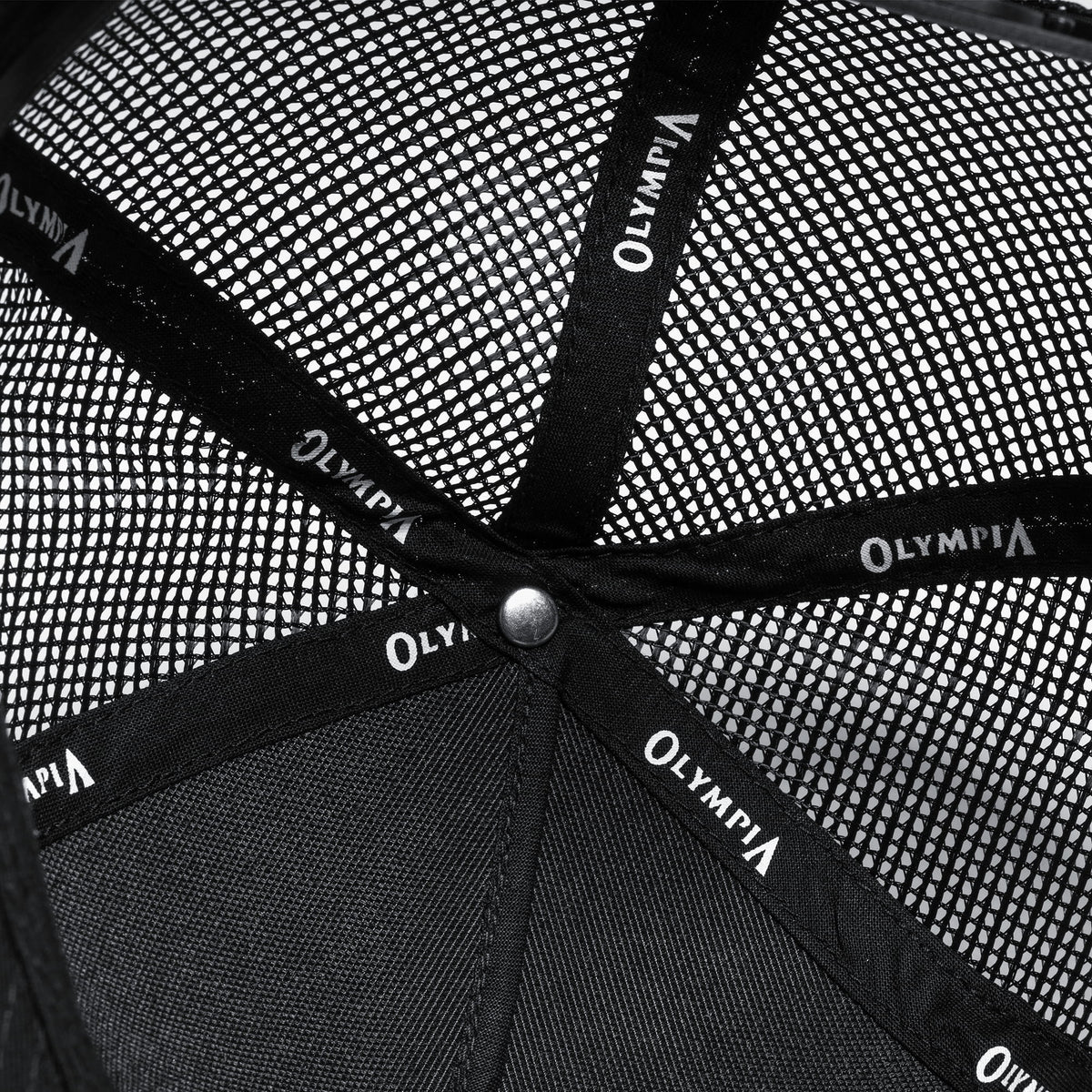 Inside of the Signature 5-Panel Trucker Hat that displays the Olympia text on the internal structure of the hat