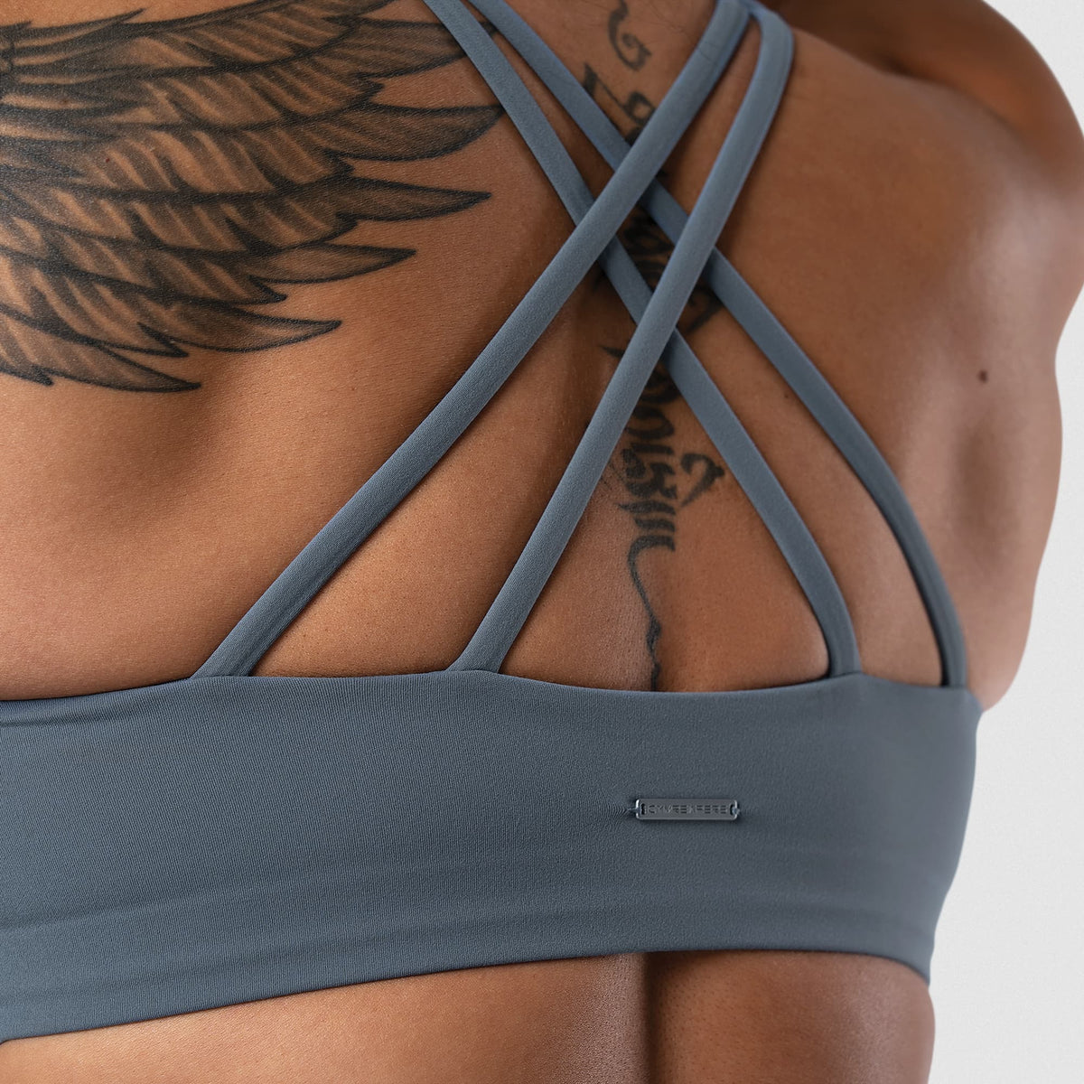 Axis High Neck Bra - Lake cross-back strap detail