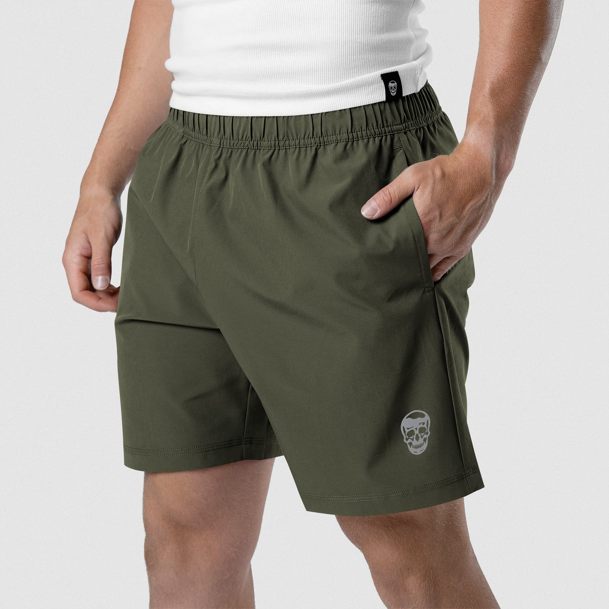 Front detail of Men's Conquer 7 Inch Shorts - OD Green