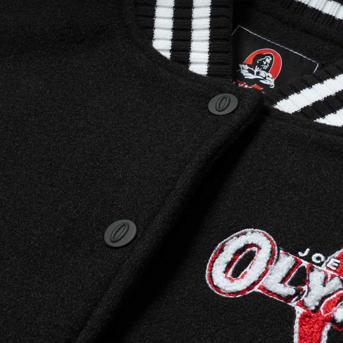 Signature Crop Varsity Jacket |  "O" branded buttons for button down fit 