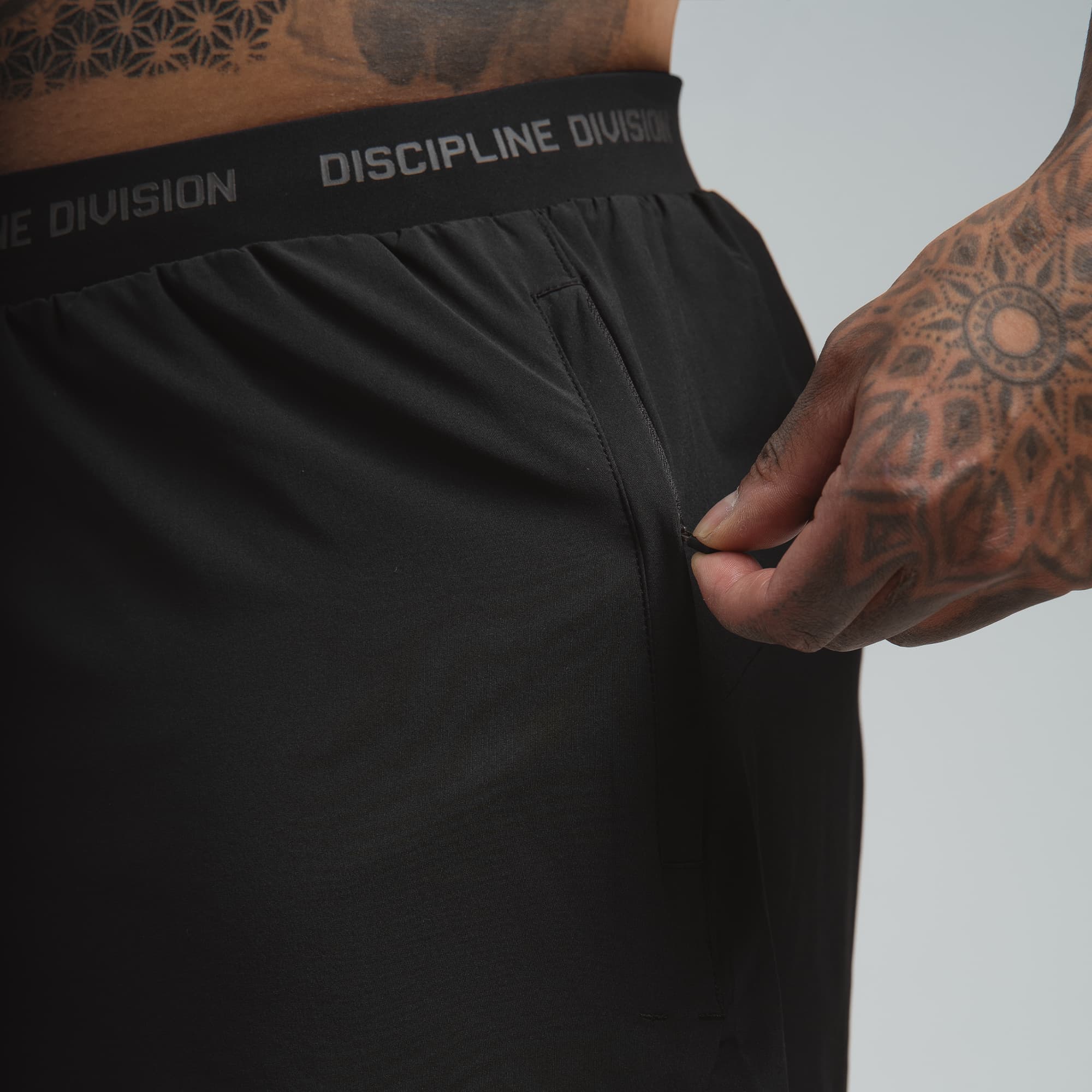 Discipline Division Mens Running Shorts close up pocket view with zipper