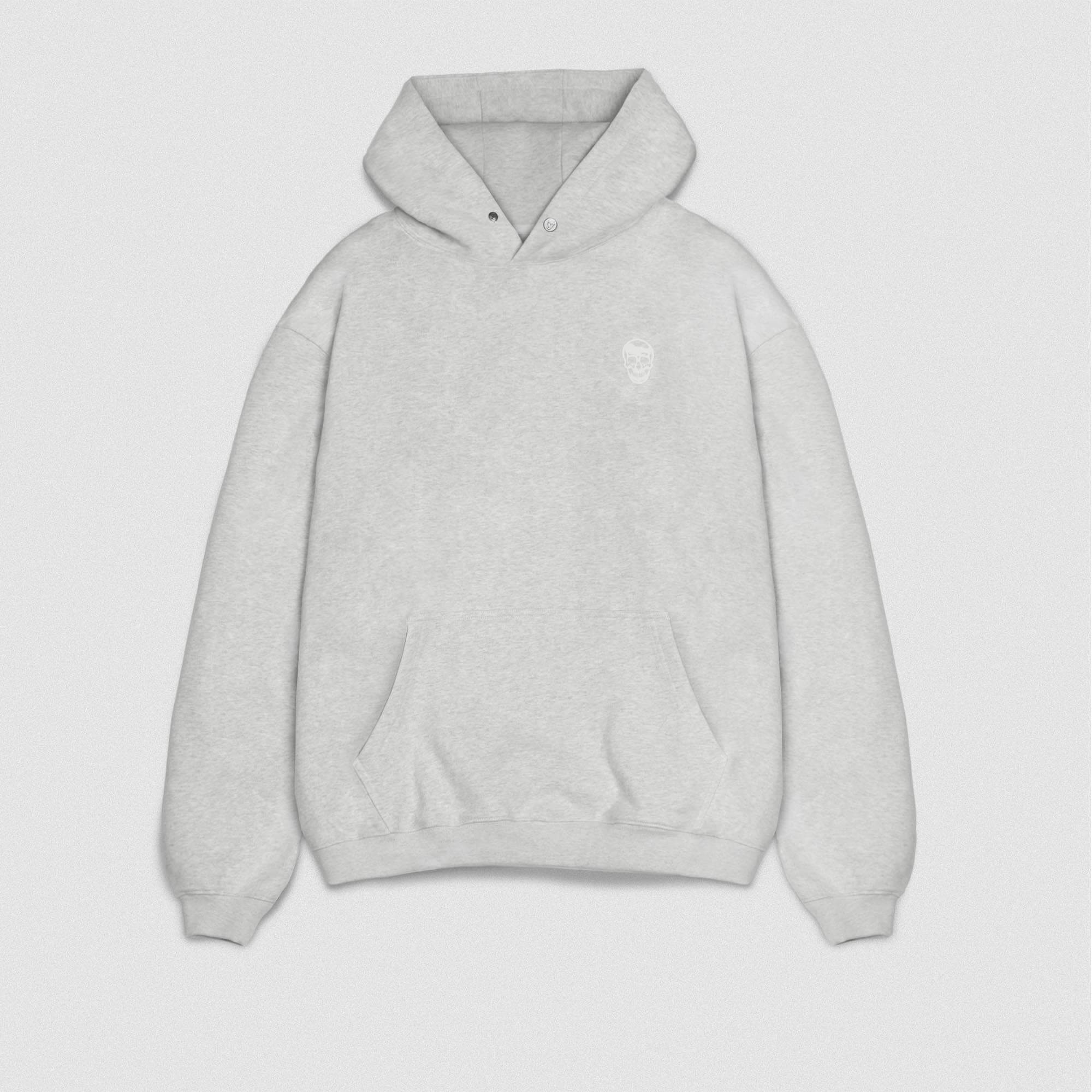 Light Heather Gray Heavyweight Hoodie lay flat front view