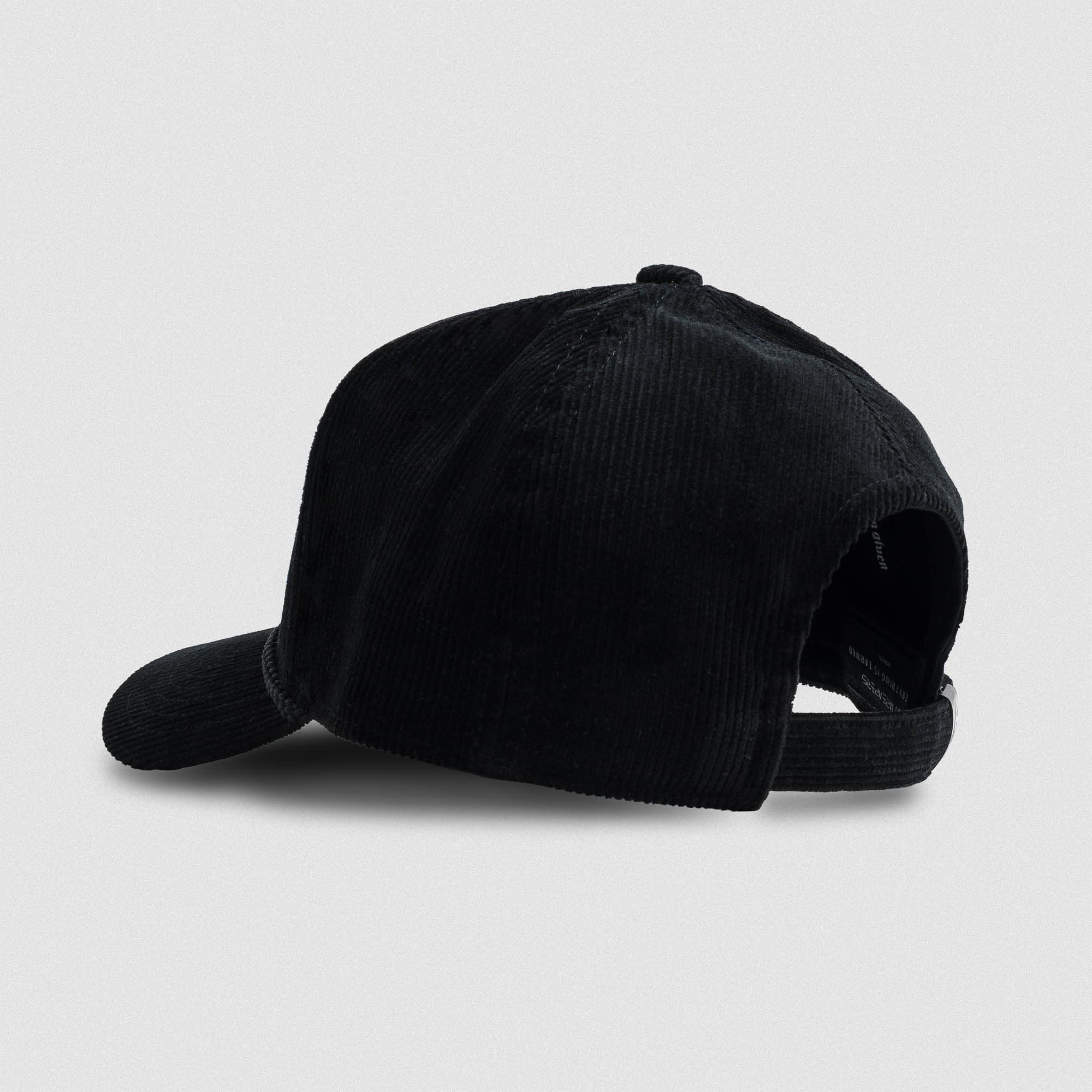 Corduroy 5-Panel Skull Hat - Black/Black lay flat back view