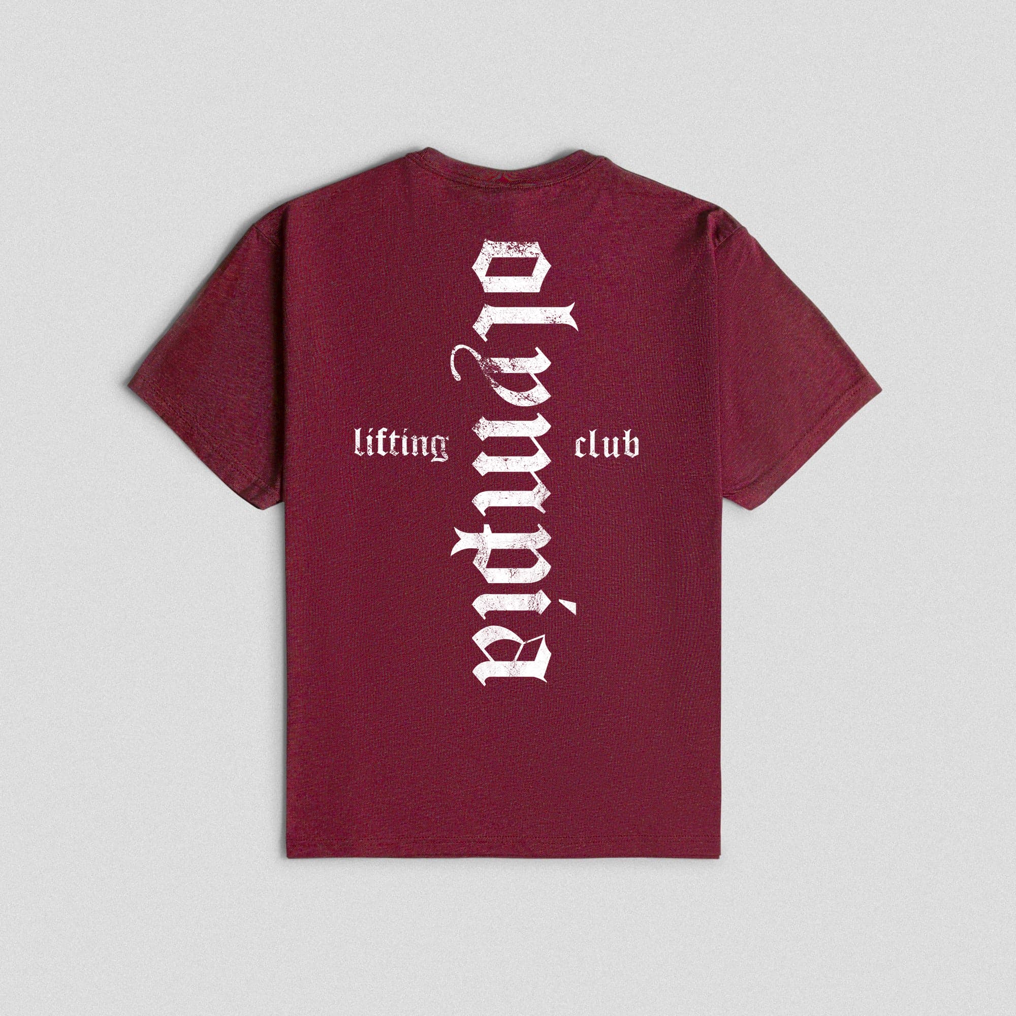 Back view of the Olympia Lifting Club Tee, featuring a bold vertical “Olympia” text in distressed white with “Lifting Club” printed horizontally on each side.