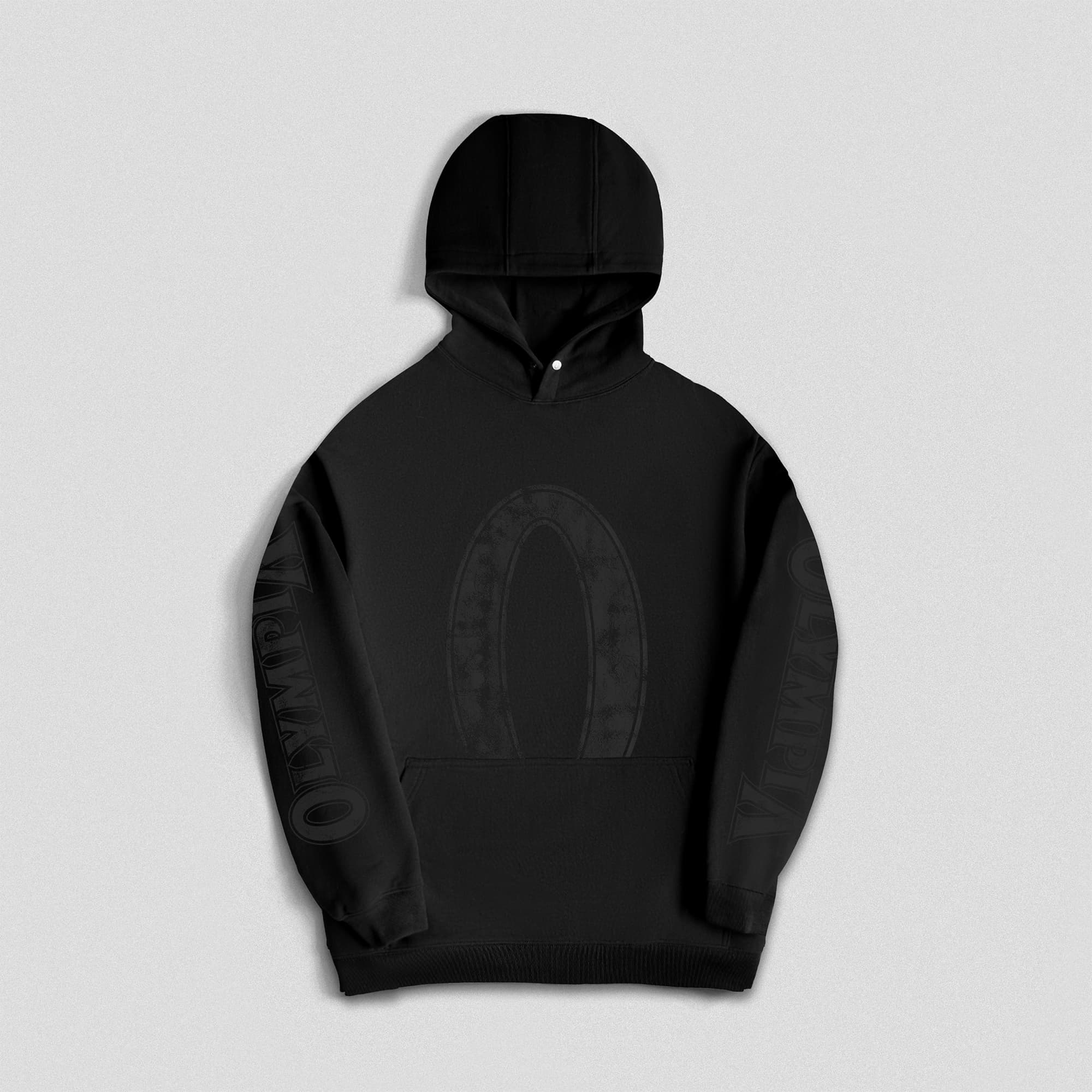 Lay flat shot of the olympia hoodie showcasing front graphics