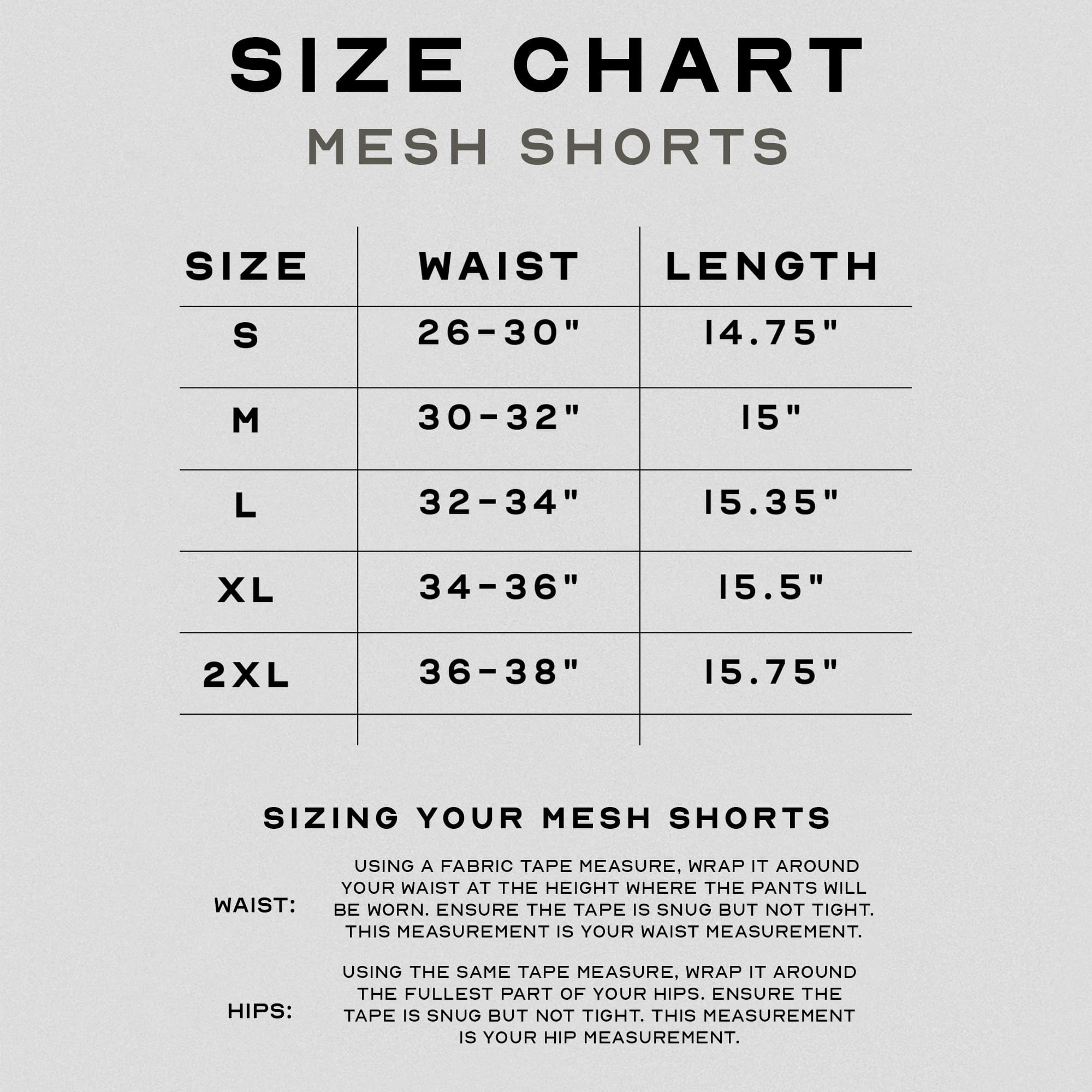 Mesh shorts size chart