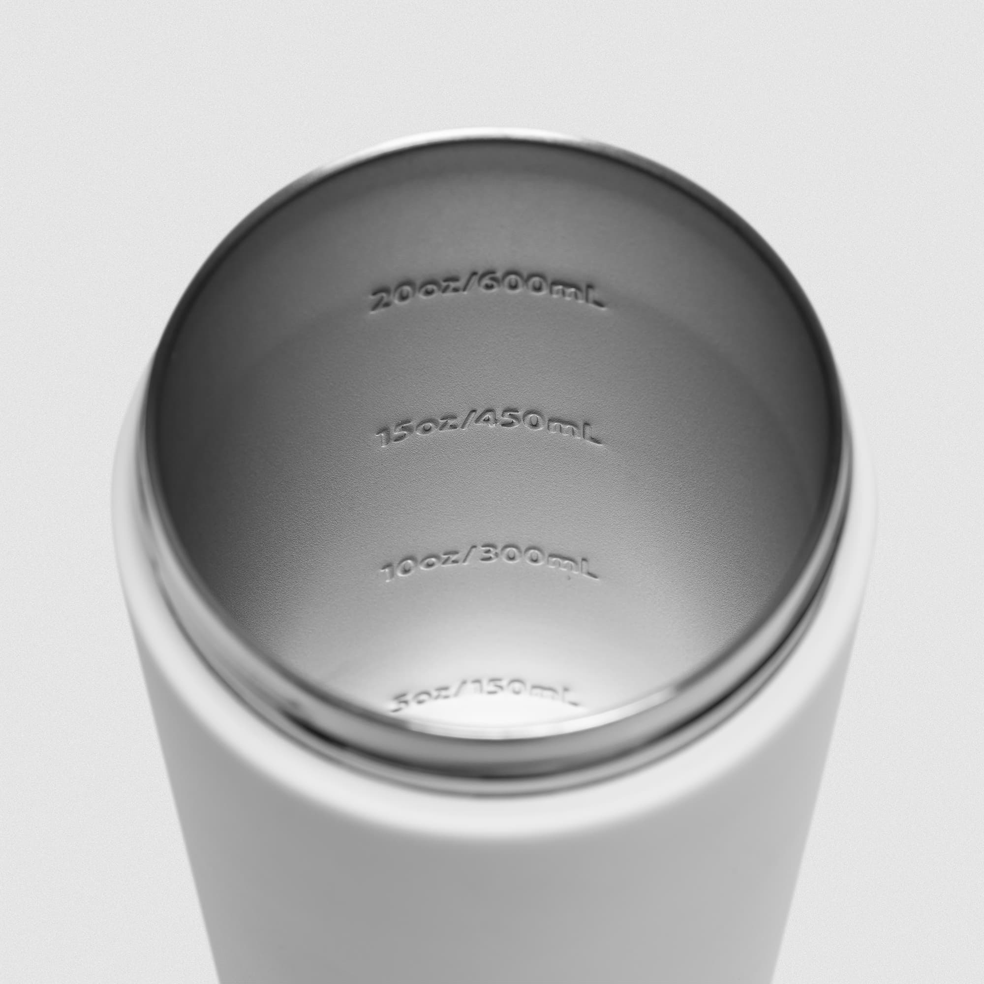 White Stainless Steel Shaker studio shot showcasing the inside of the bottle with measurement lines
