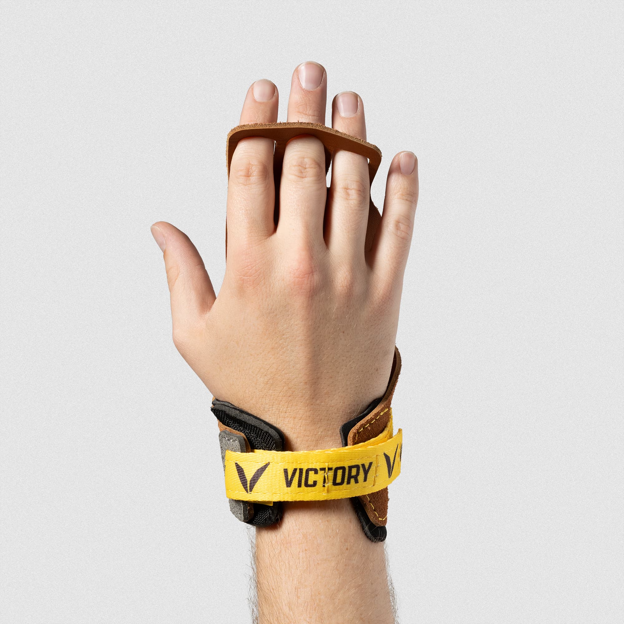 Men's V-Series 3-FC Leather in Tan – Hand extended and palm facing away to show the wrist support and  three finger design