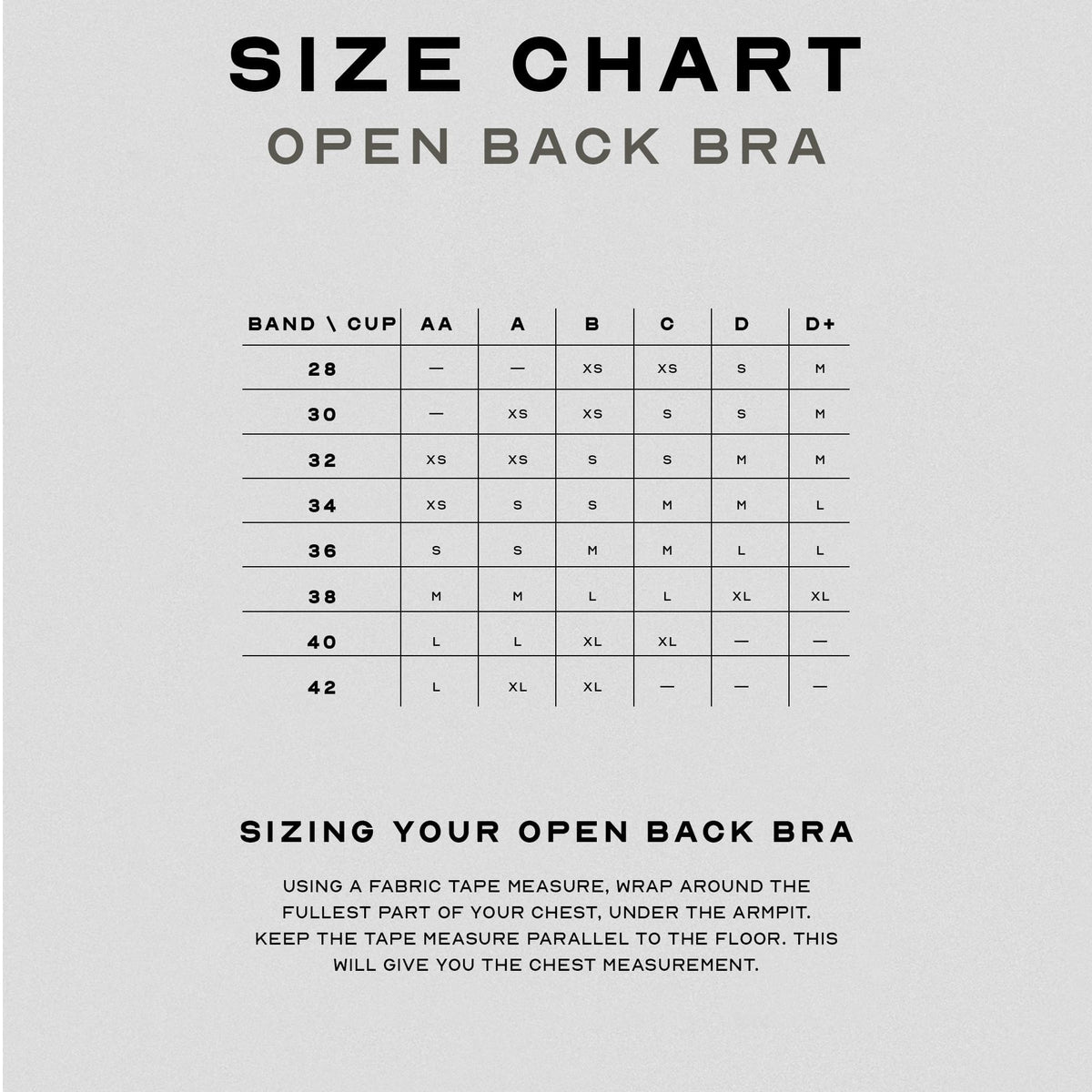 Axis Open Back Bra size chart