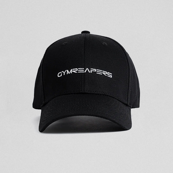 Gymreapers baseball hat in the black color way front facing.