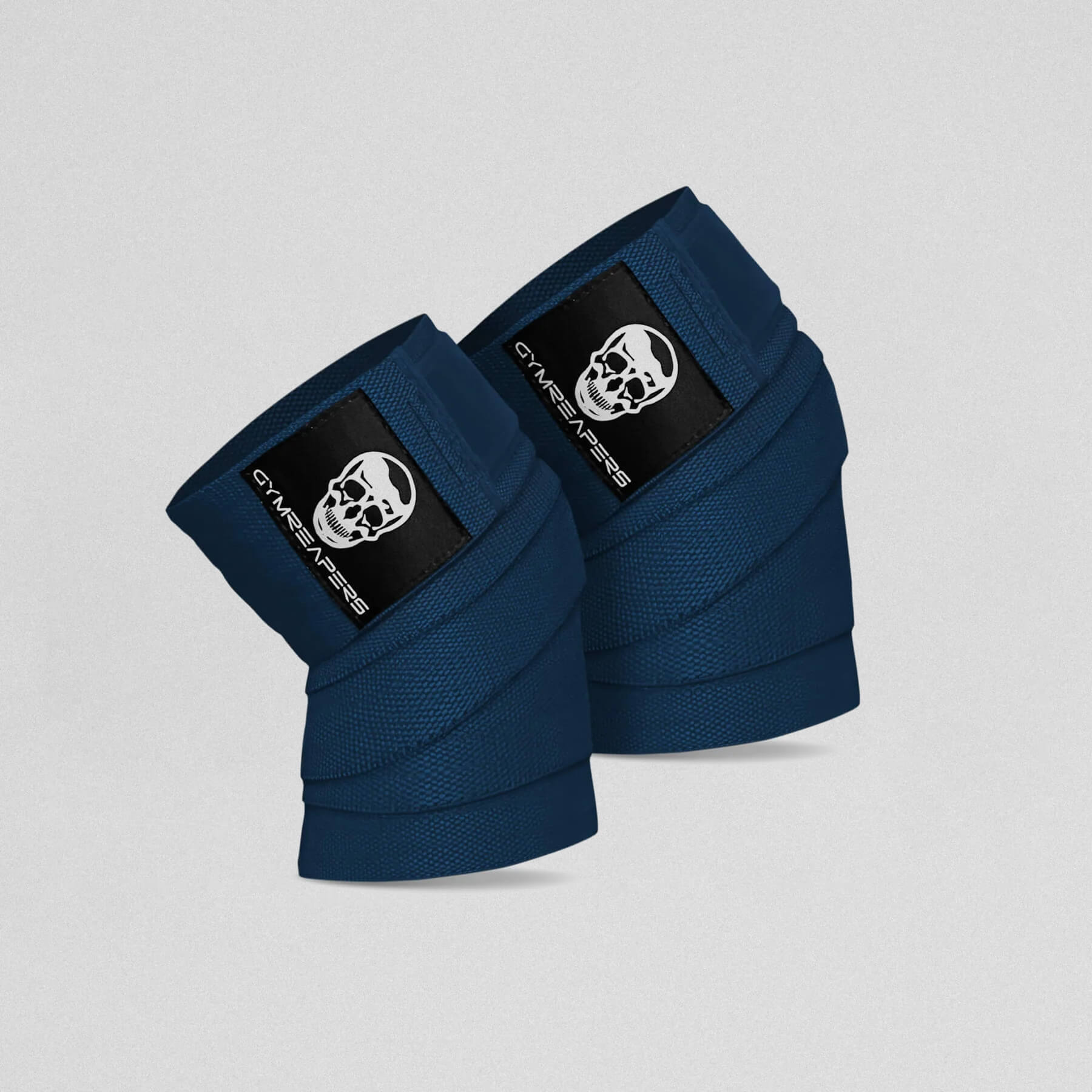 Gymreapers Knee Wraps in the navy colorway close up shot.