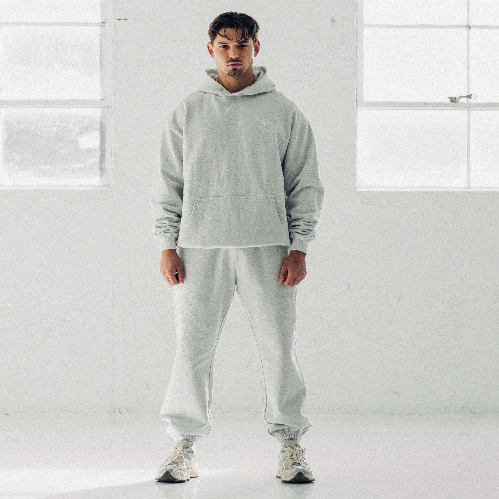 light heather gray heavy weight joggers full view lifestyle