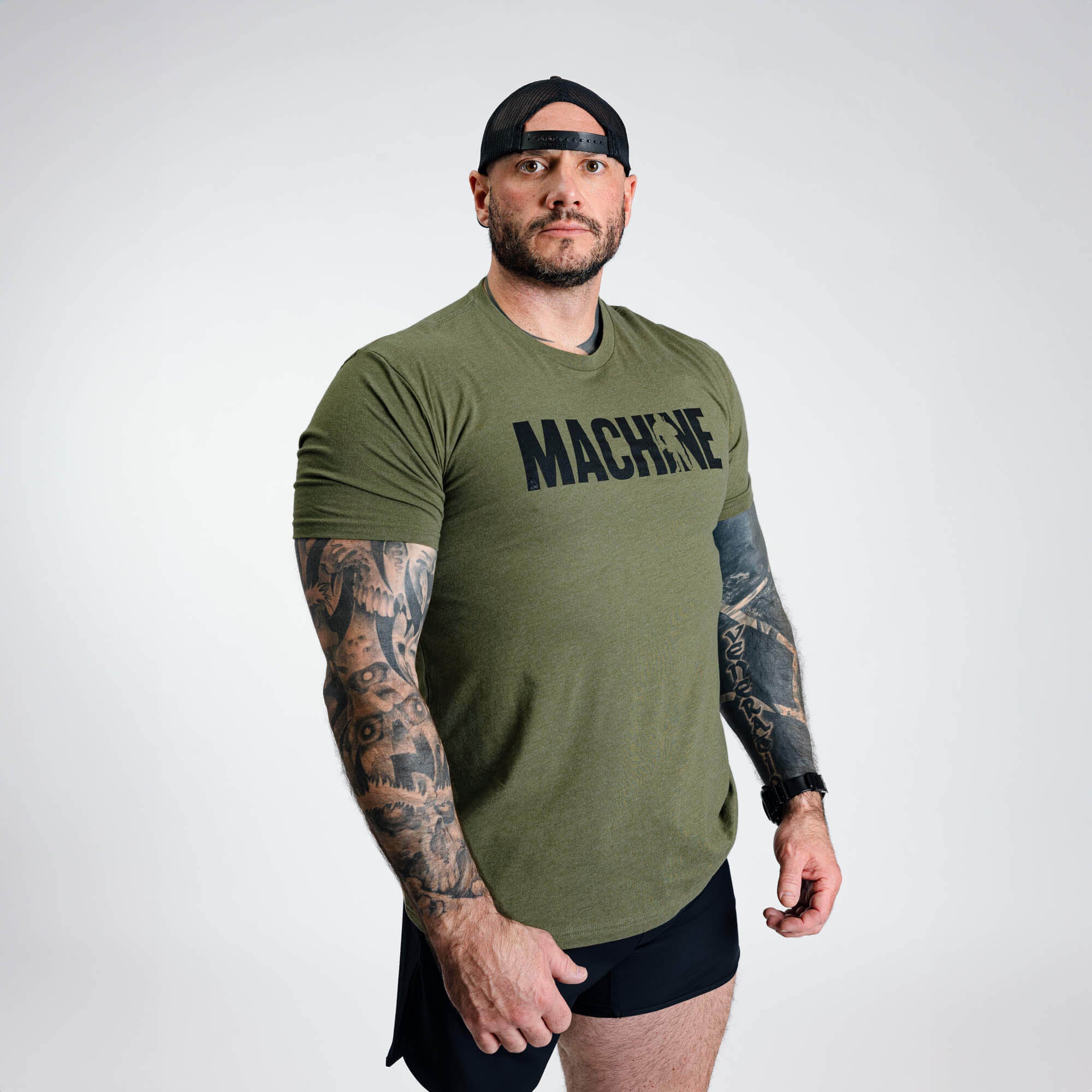 machine stamp tee military green front