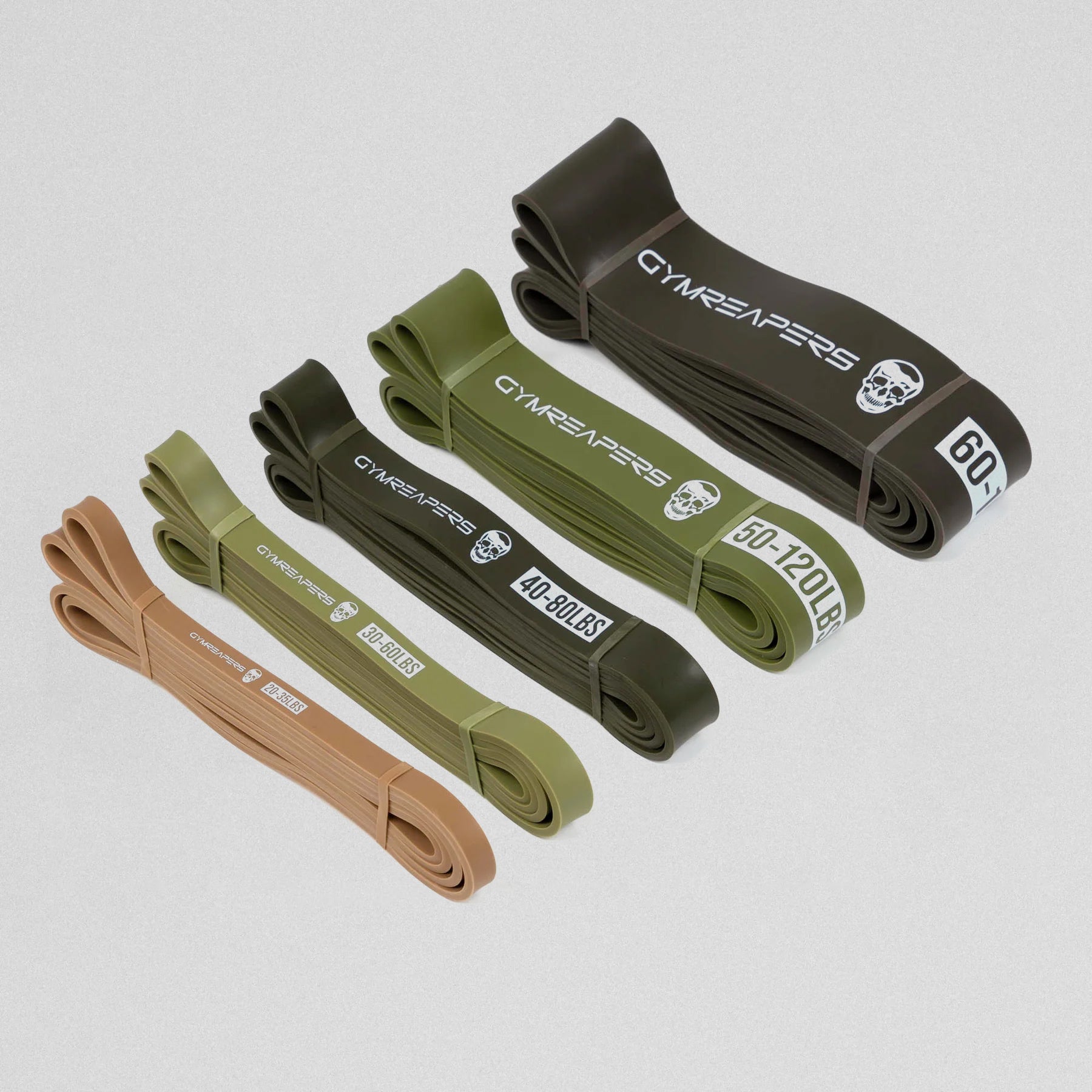 military green resistance bands main image with all 5 options displayed out.