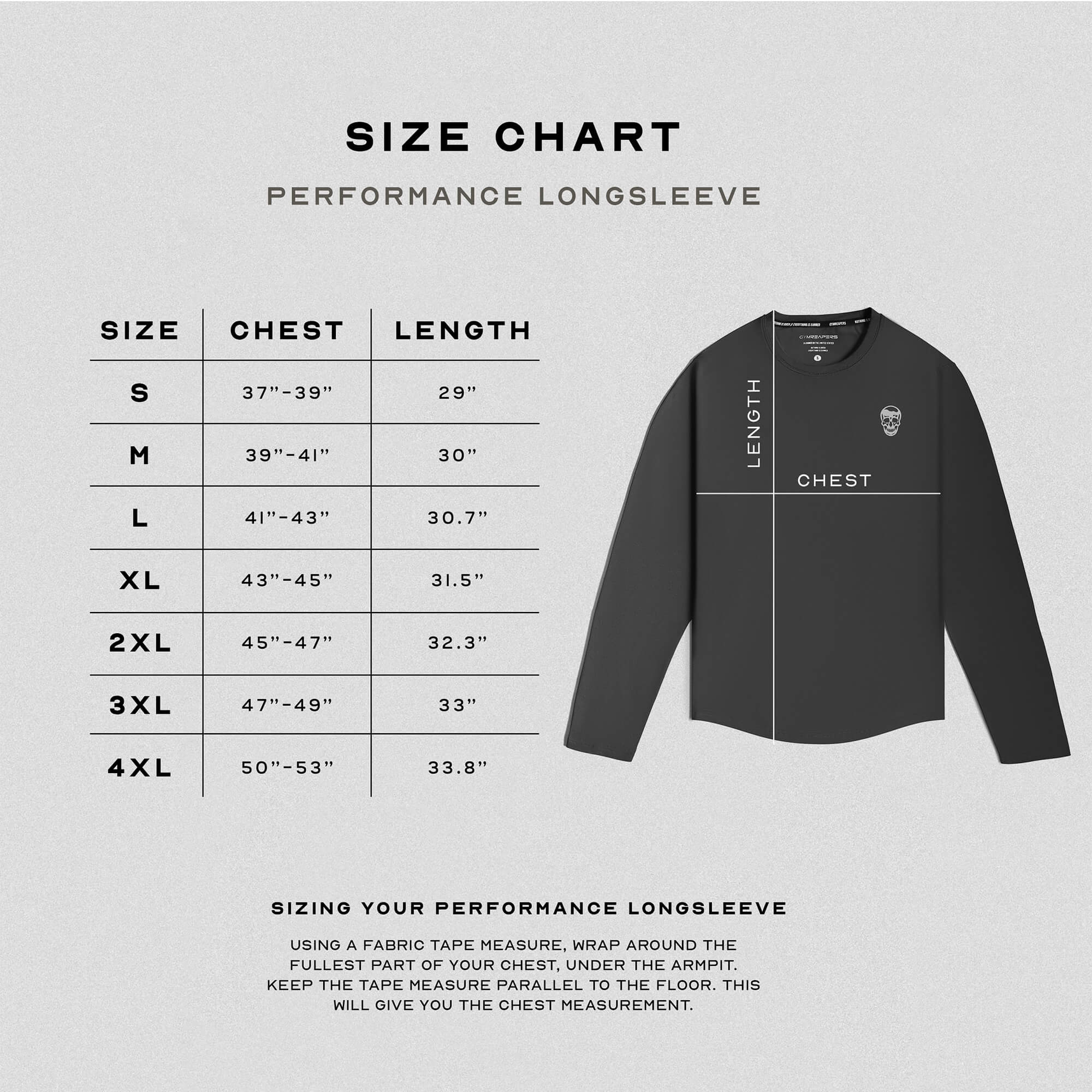 performance long sleeve obsidian size guide