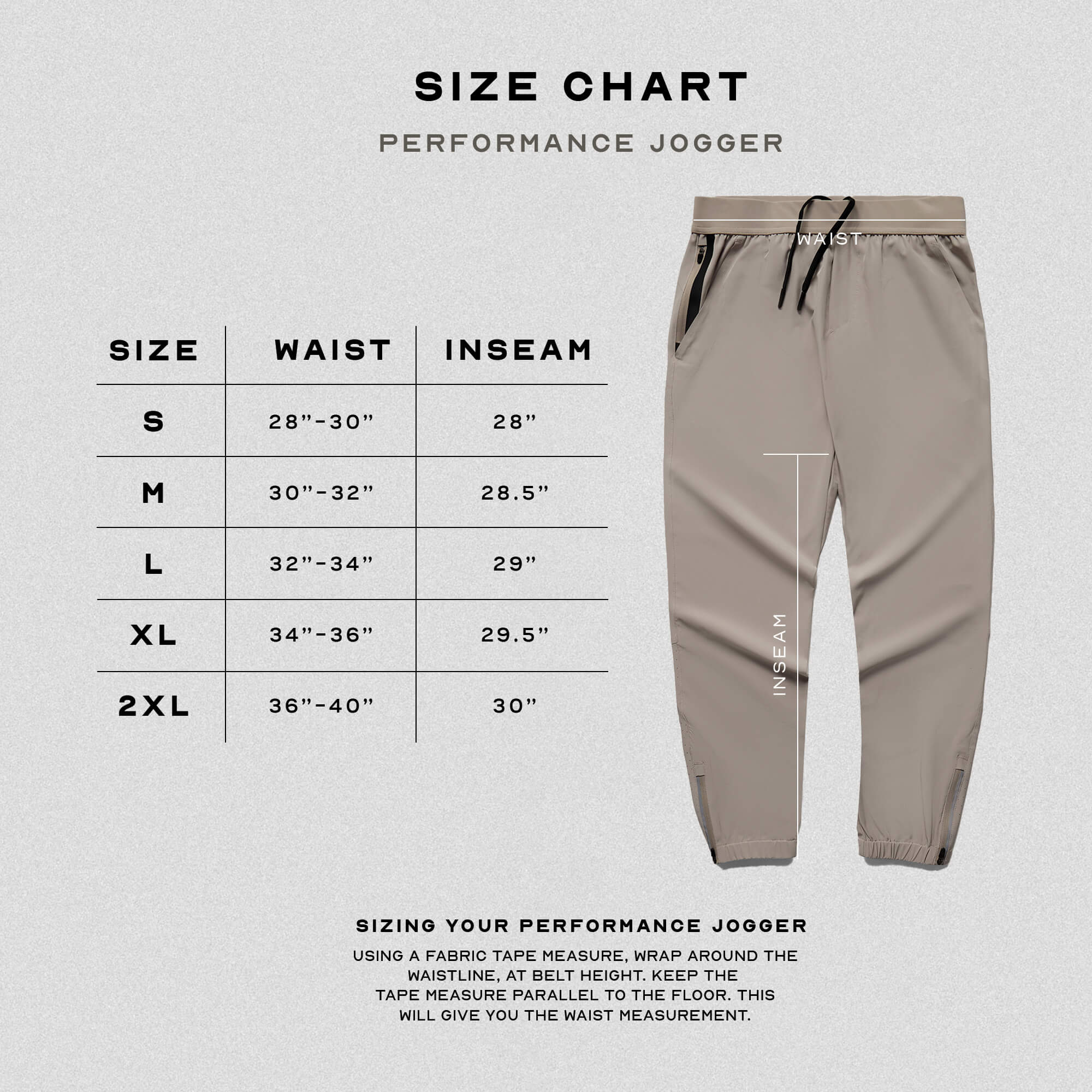 performance jogger taupe size guide