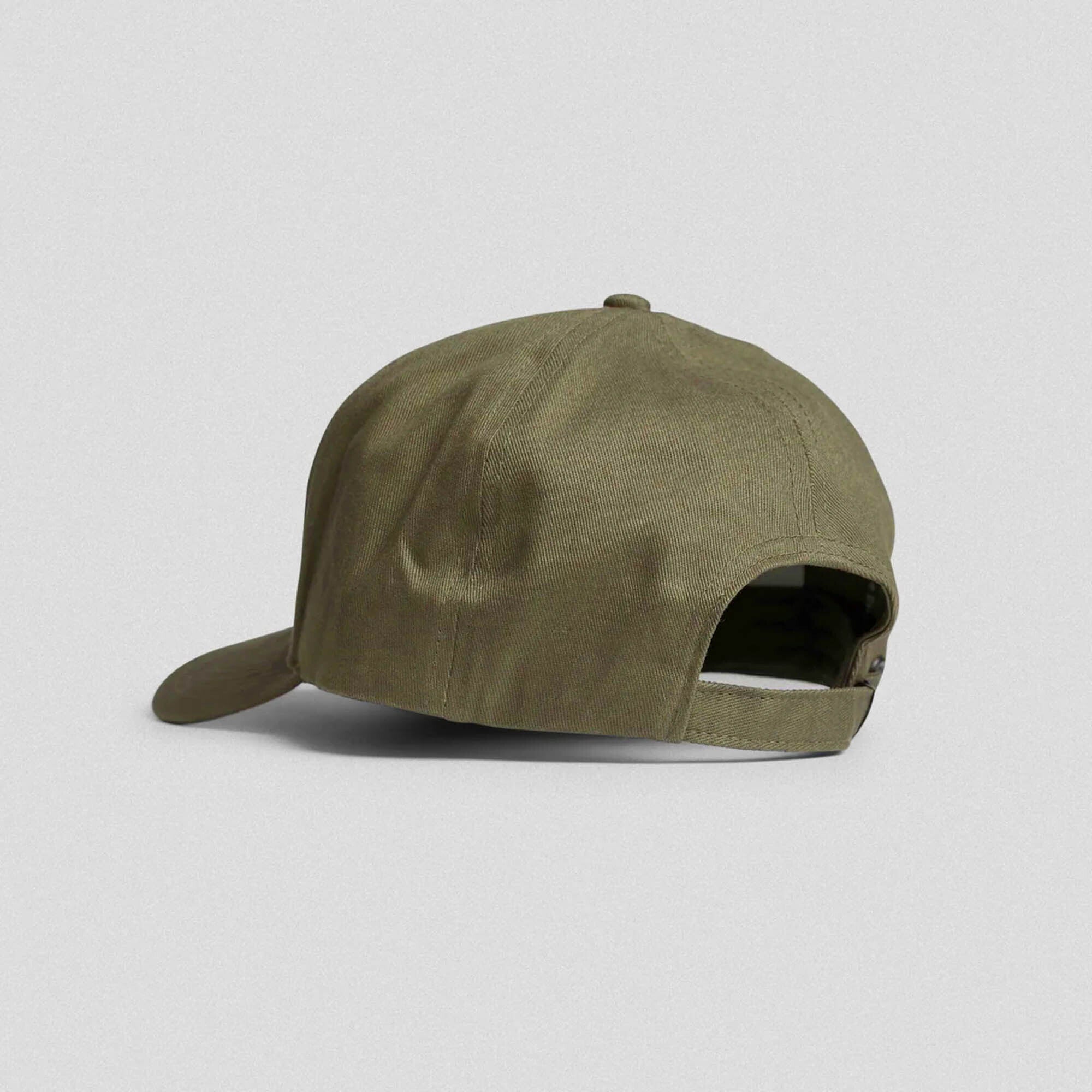 Adjustable olive 5-panel skull hat with strapback closure and curved brim