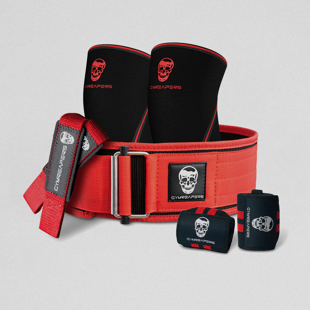 Gymreapers Training kit showcasing the quick locking belt, knee sleeves, 18" wrist wraps and lifting straps.
