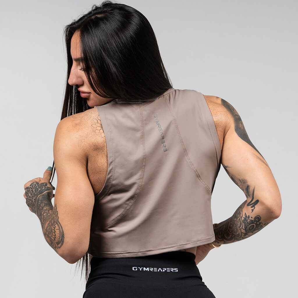 womens performance tank taupe back